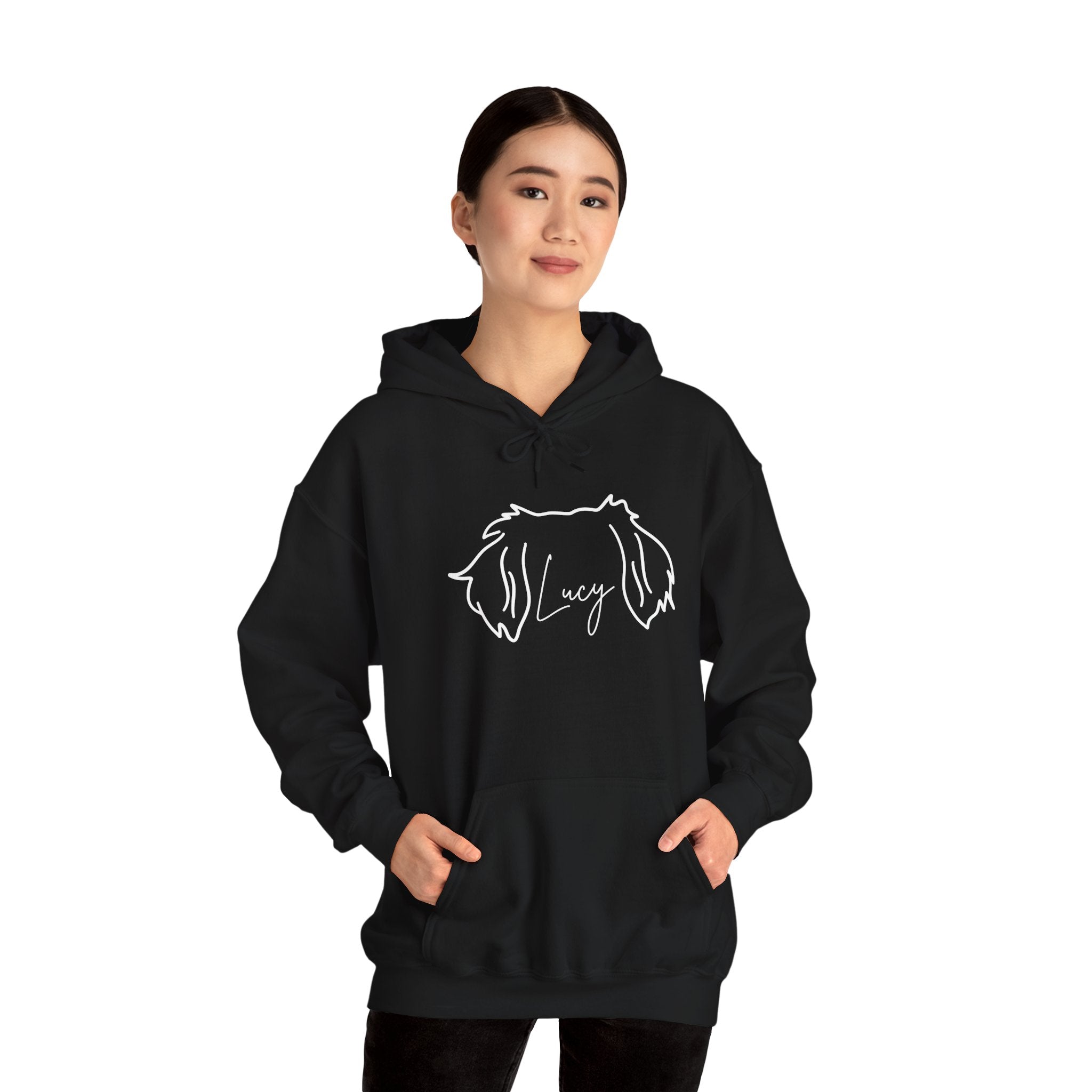 Lucy A Customized Shirt With Your Name Of Choice For Personalization - Funny Pet Lover Tee for Dog Moms | Pet Lovers Cute Pet Tees Animal Moms Women’s Apparel - Pet Lovers Hoodie - Dog Paw Lovers Unisex Heavy Blend™ Hooded Sweatshirt