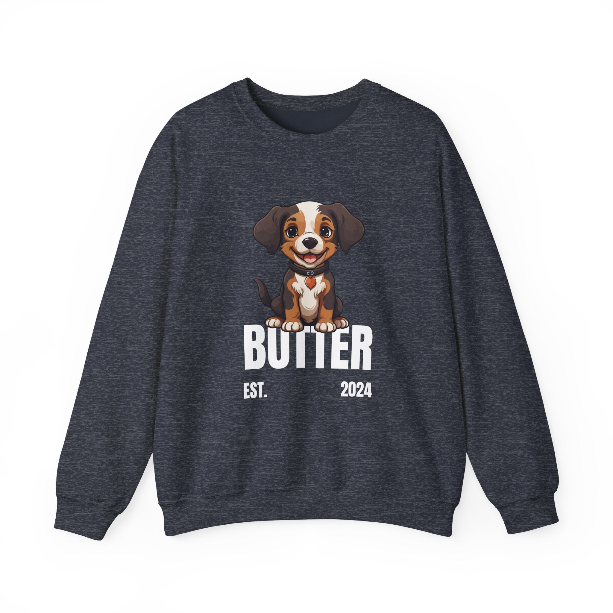 Cute Dog "Butter" Est. 2024 - Funny Pet Lover Tee for Dog Moms  for Proud Pet Lovers Pet Lovers Cute Pet Tees Design with Dog and Woman | Animal Moms | Animal Moms - Dog Owners Sweatshirt - Dog Lovers Sweatshirt - Unisex Heavy Blend™ Crewneck Sweatshirt