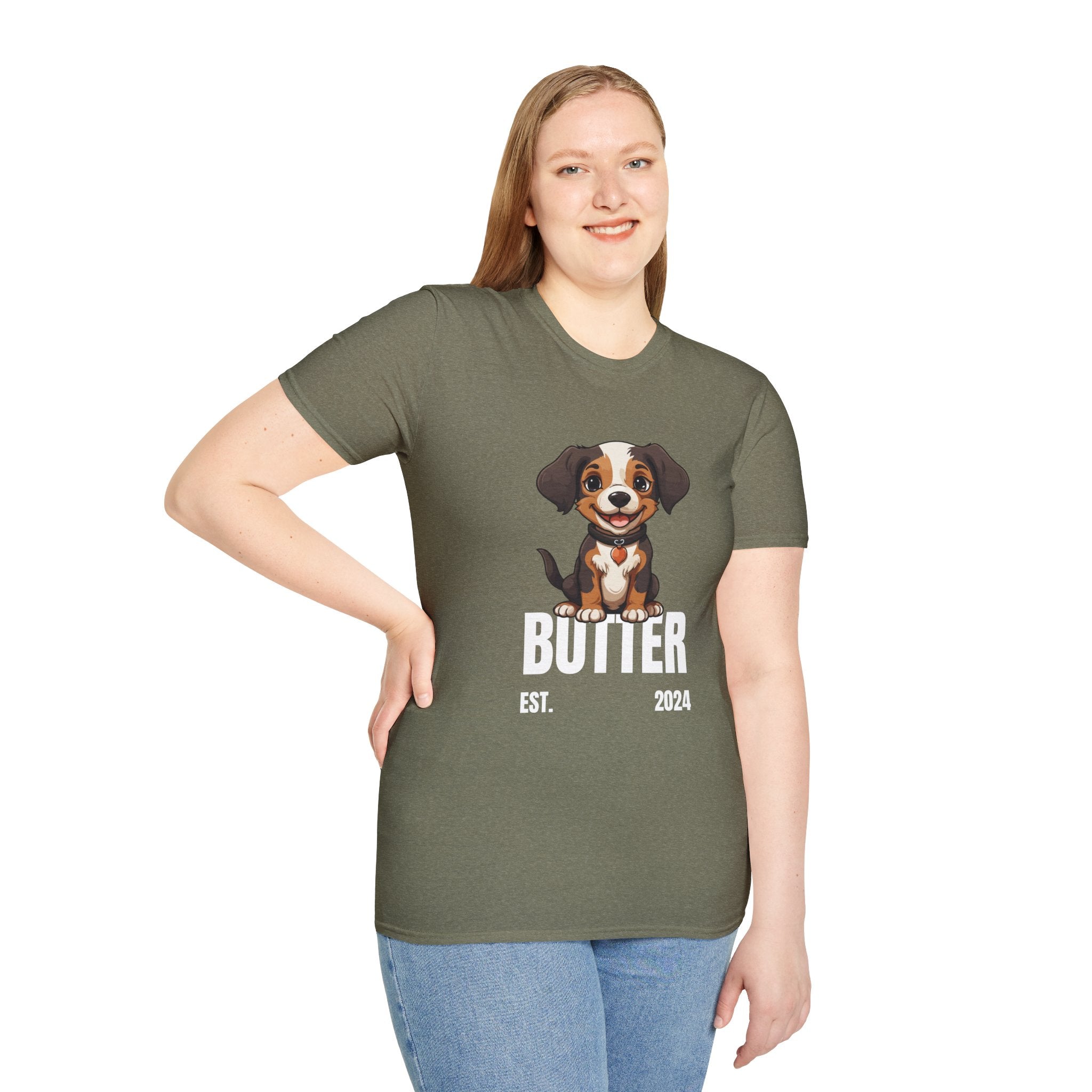 Cute Dog "Butter" Est. 2024 - Funny Pet Lover Tee for Dog Moms | Pet Lovers Cute Pet Tees with Dog and Woman | Animal Moms - Dog Lover Paw Shirt - Dog Mom Paw Lover Shirt - Unisex Softstyle T-Shirt