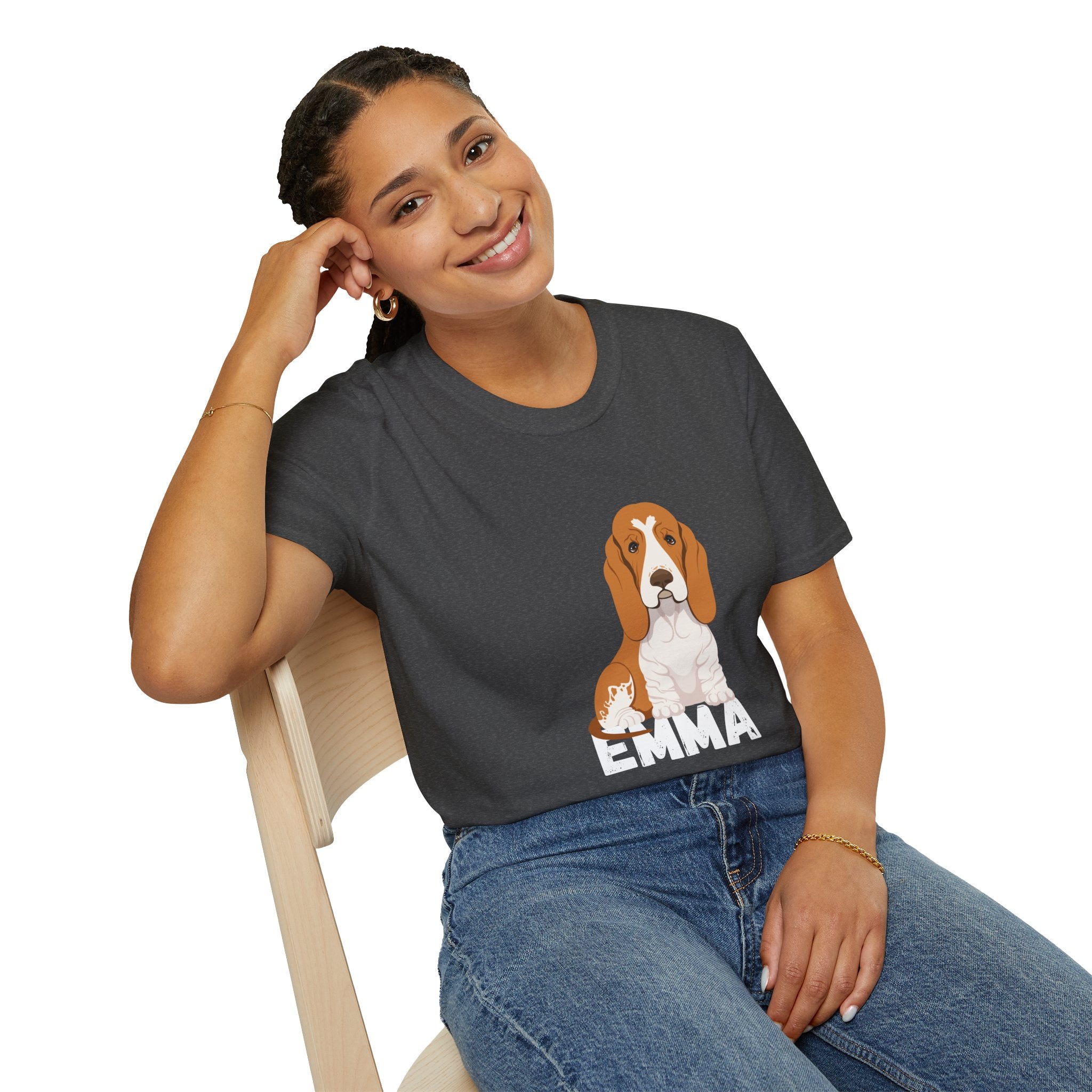 "Emma" Cute Dog Perfect for Proud Dog Moms | Pet Lovers Cute Pet Tees with Dog and Woman | Animal Moms - Dog Lover Paw Shirt - Dog Mom Paw Lover Shirt - Unisex Softstyle T-Shirt