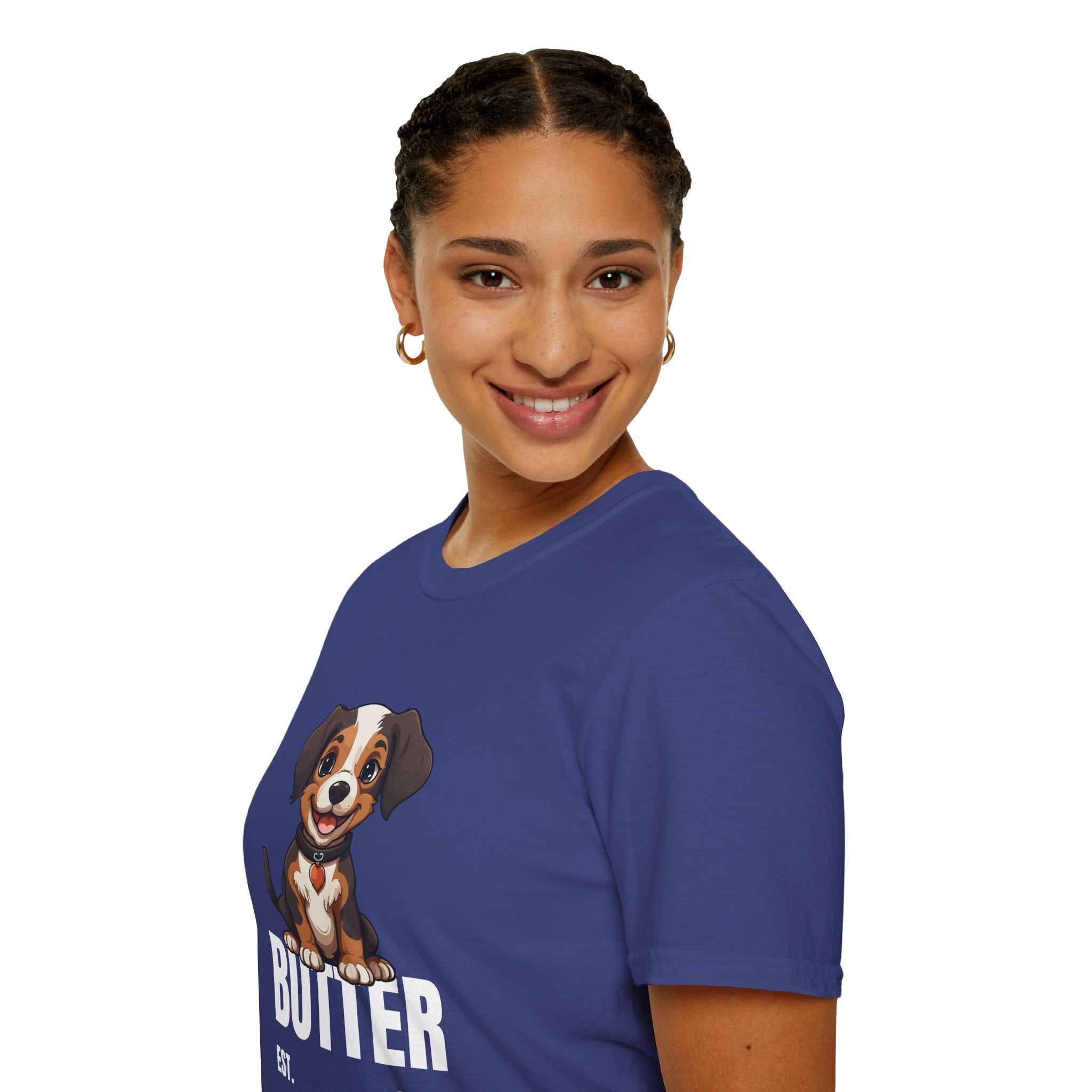 Cute Dog "Butter" Est. 2024 - Funny Pet Lover Tee for Dog Moms | Pet Lovers Cute Pet Tees with Dog and Woman | Animal Moms - Dog Lover Paw Shirt - Dog Mom Paw Lover Shirt - Unisex Softstyle T-Shirt