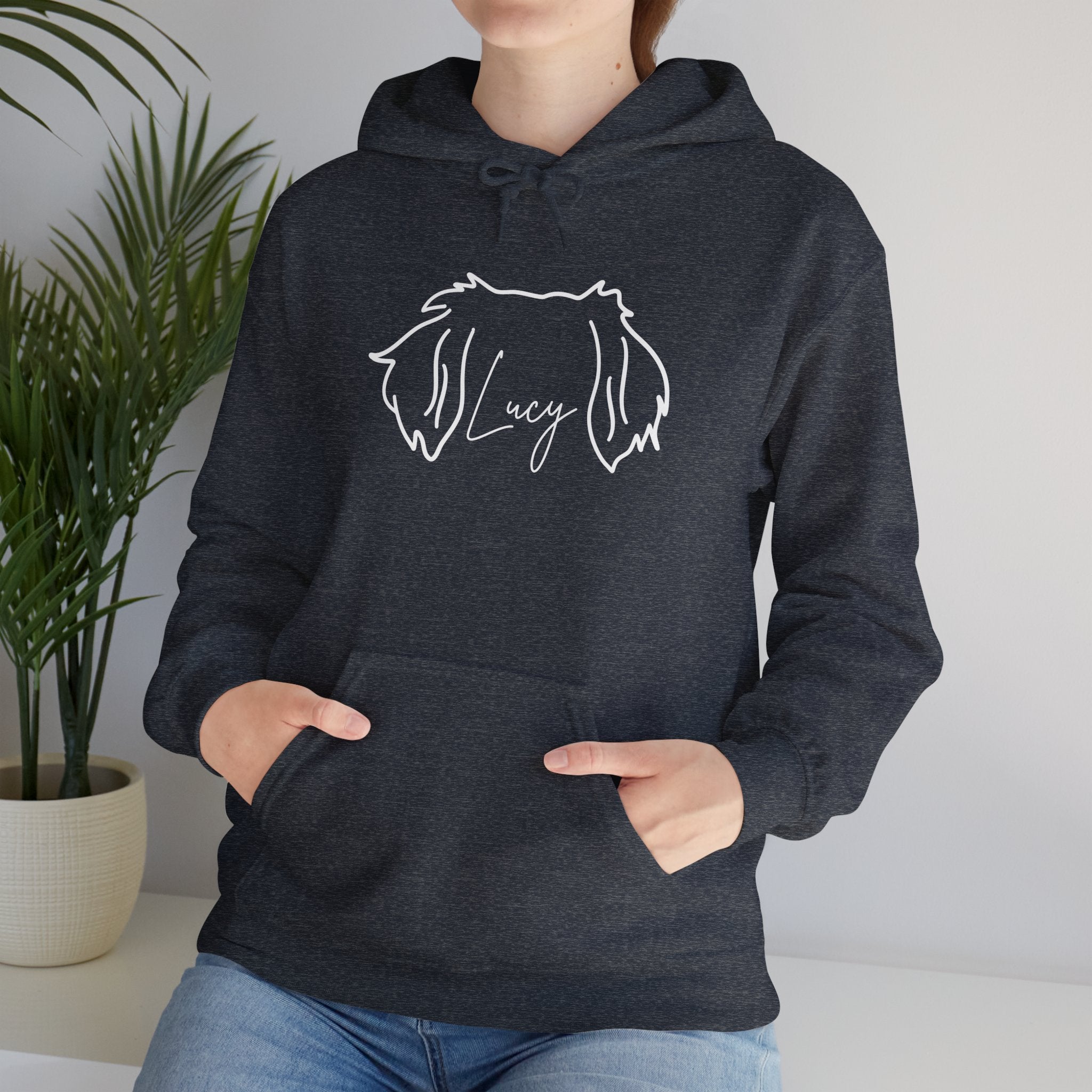 Lucy A Customized Shirt With Your Name Of Choice For Personalization - Funny Pet Lover Tee for Dog Moms | Pet Lovers Cute Pet Tees Animal Moms Women’s Apparel - Pet Lovers Hoodie - Dog Paw Lovers Unisex Heavy Blend™ Hooded Sweatshirt