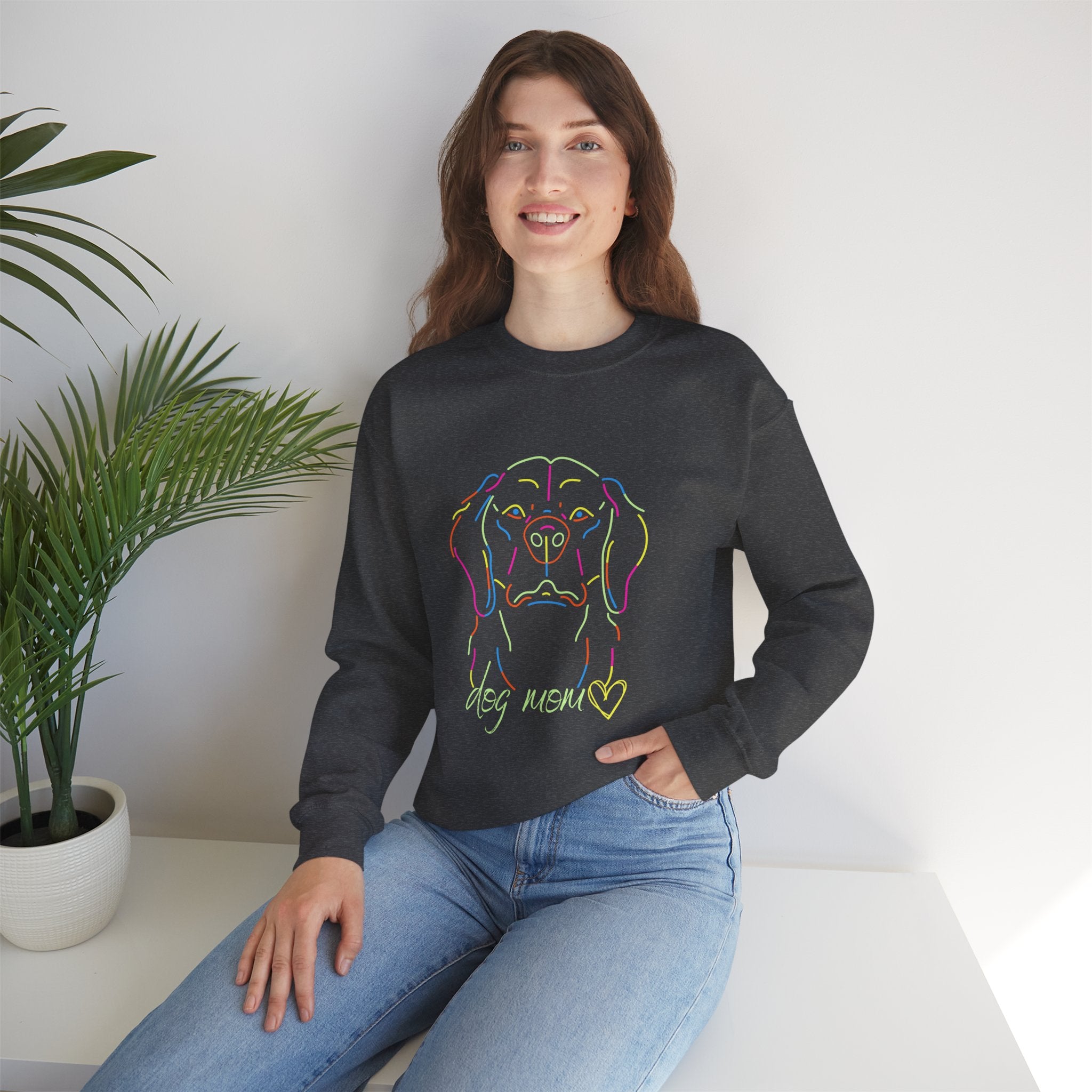 Dog Mom Vintage  Distressed Paw Print Design with Dog and Woman | Animal Moms - Dog Owners Sweatshirt - Dog Lovers Sweatshirt - Unisex Heavy Blend™ Crewneck Sweatshirt