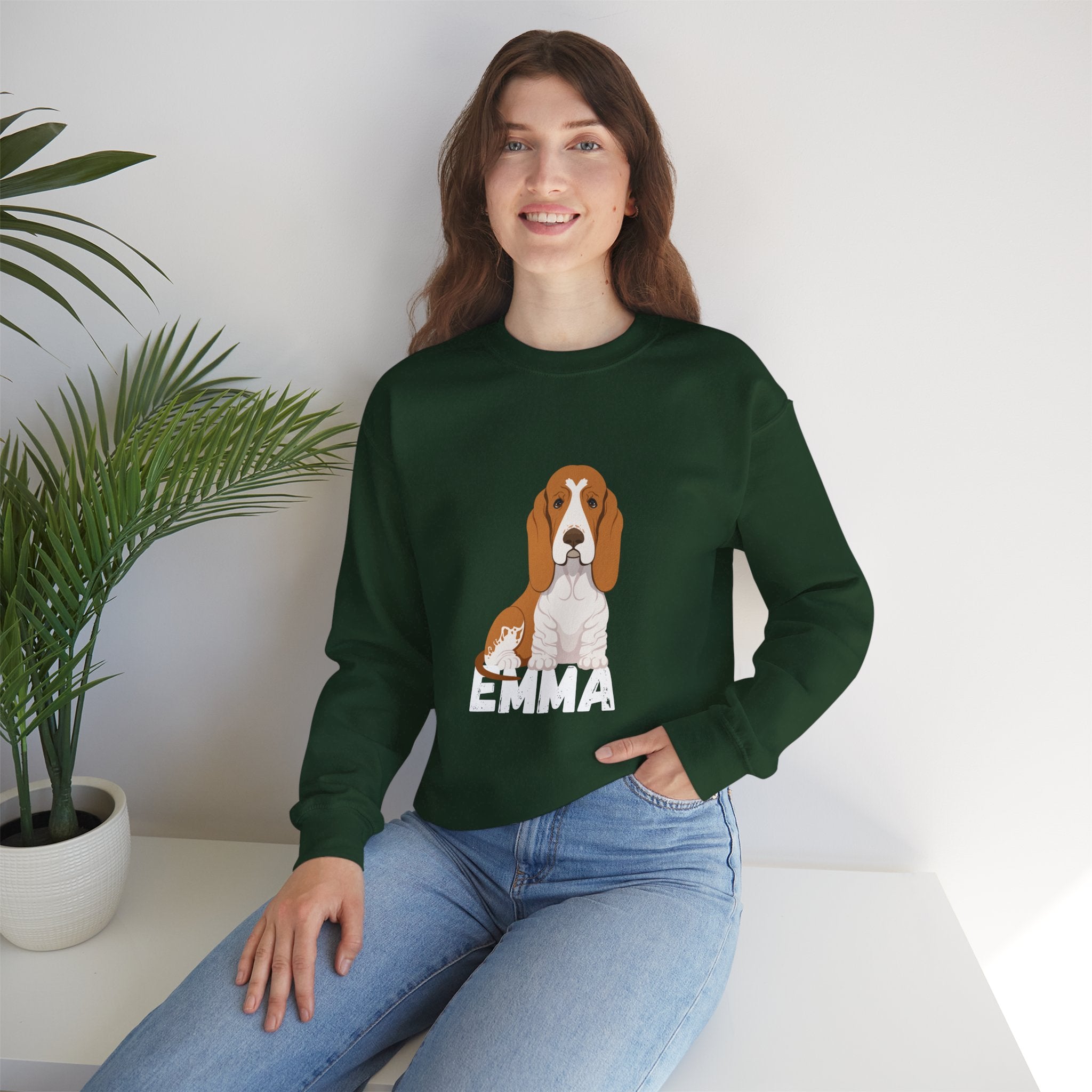 "Emma" Cute Dog Perfect for Proud Dog Moms | Pet Lovers Cute Pet Tees Design with Dog and Woman | Animal Moms | Animal Moms - Dog Owners Sweatshirt - Dog Lovers Sweatshirt - Unisex Heavy Blend™ Crewneck Sweatshirt