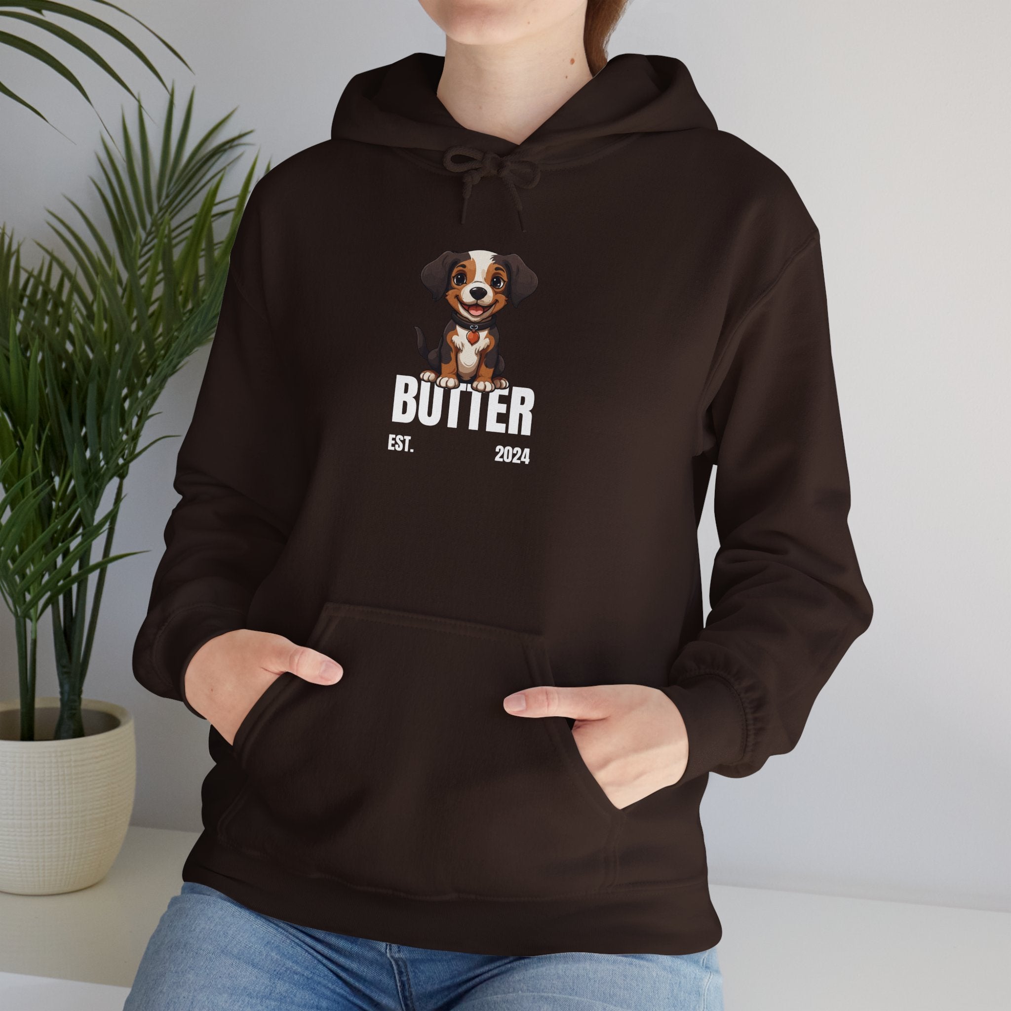 Cute Dog "Butter" Est. 2024 - Funny Pet Lover Tee for Dog Moms | Pet Lovers Cute Pet Tees Animal Moms Women’s Apparel - Pet Lovers Hoodie - Dog Paw Lovers Unisex Heavy Blend™ Hooded Sweatshirt