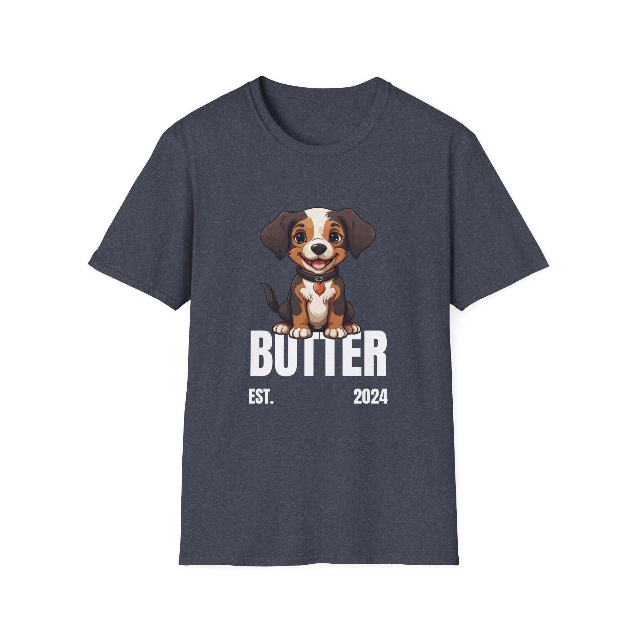 Cute Dog "Butter" Est. 2024 - Funny Pet Lover Tee for Dog Moms | Pet Lovers Cute Pet Tees with Dog and Woman | Animal Moms - Dog Lover Paw Shirt - Dog Mom Paw Lover Shirt - Unisex Softstyle T-Shirt