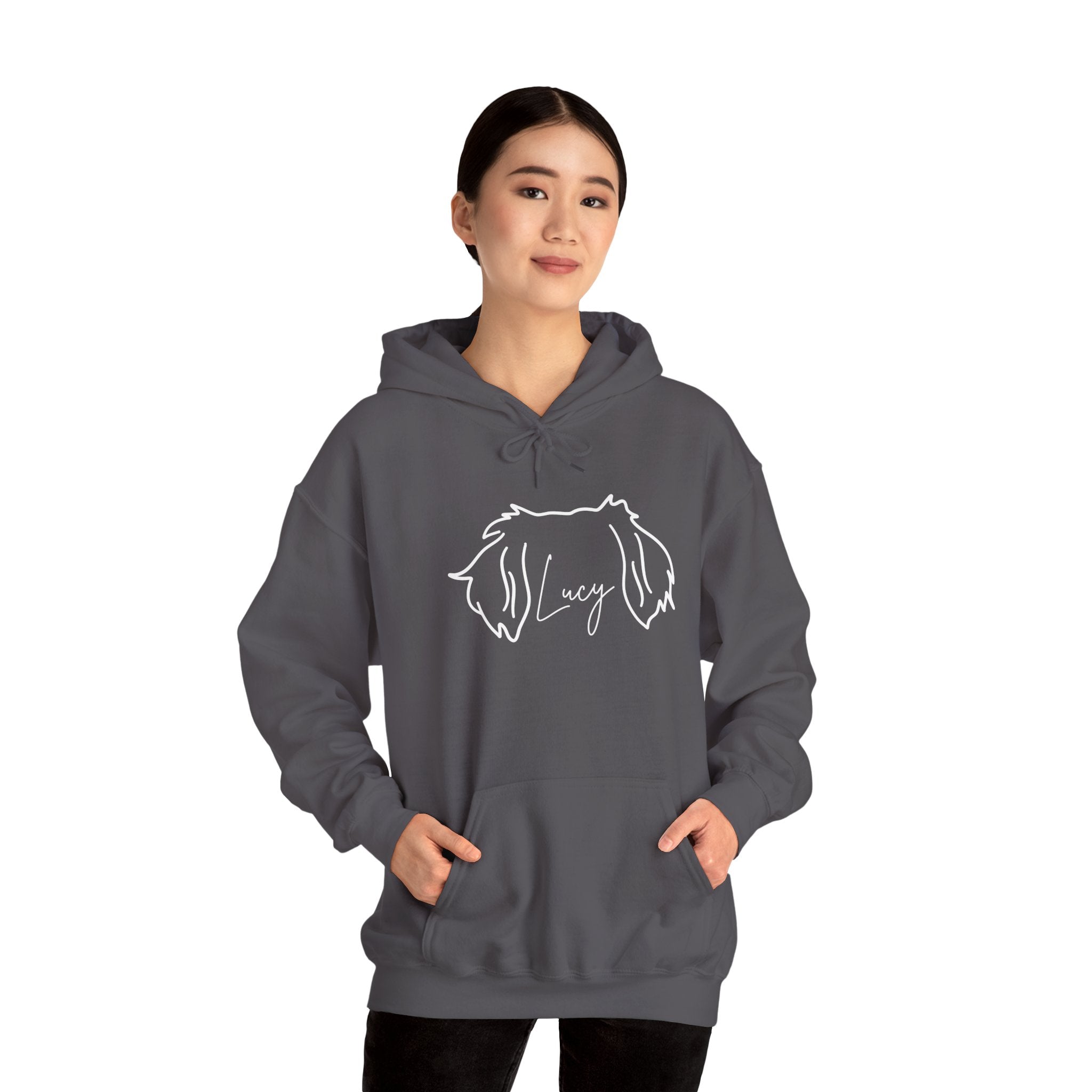 Lucy A Customized Shirt With Your Name Of Choice For Personalization - Funny Pet Lover Tee for Dog Moms | Pet Lovers Cute Pet Tees Animal Moms Women’s Apparel - Pet Lovers Hoodie - Dog Paw Lovers Unisex Heavy Blend™ Hooded Sweatshirt