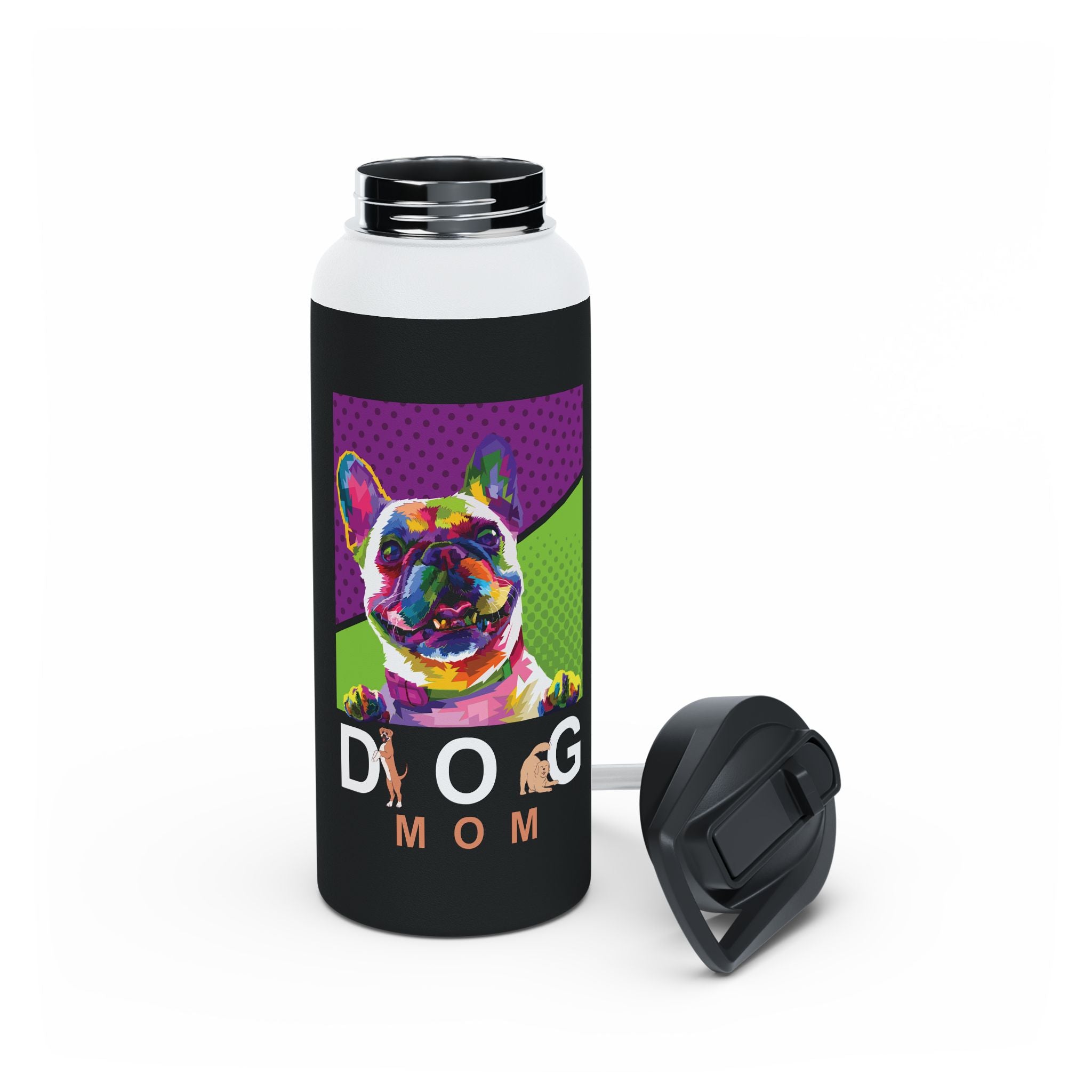 Dog Mom Colorful Design for Dog Lovers, Women’s Apparel - Paw Print With Dog Mom Text Stainless Steel Water Bottle, Standard Lid