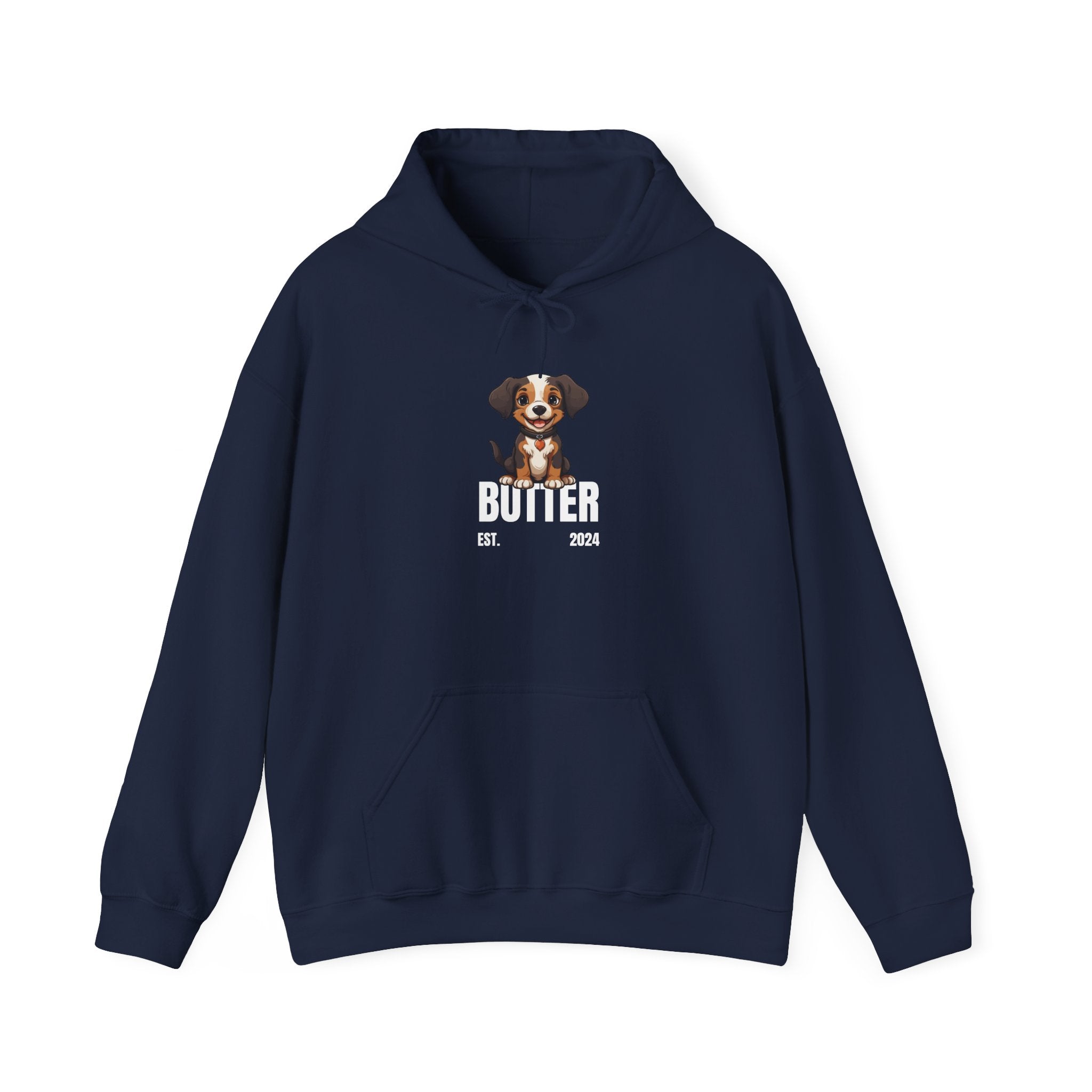 Cute Dog "Butter" Est. 2024 - Funny Pet Lover Tee for Dog Moms | Pet Lovers Cute Pet Tees Animal Moms Women’s Apparel - Pet Lovers Hoodie - Dog Paw Lovers Unisex Heavy Blend™ Hooded Sweatshirt