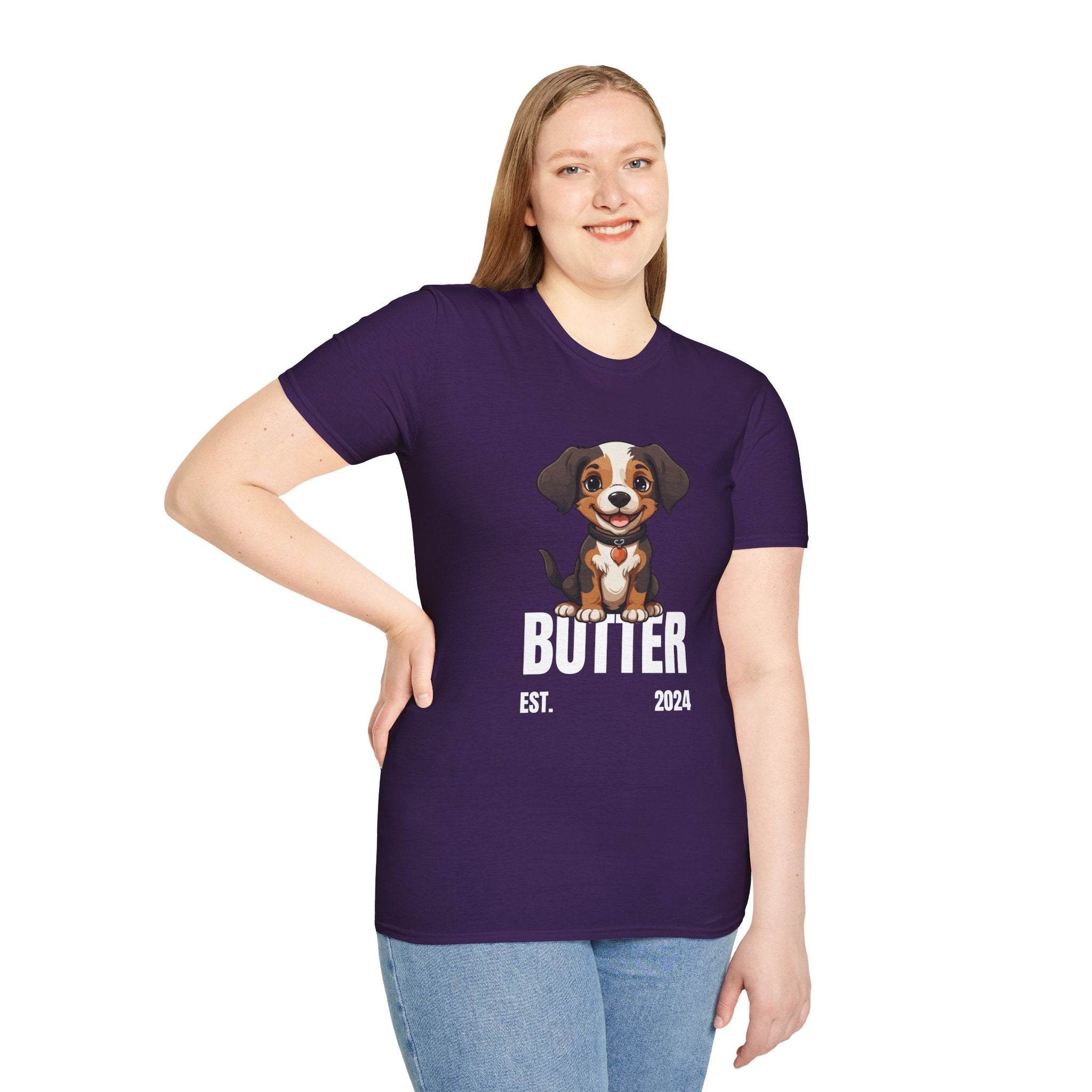 Cute Dog "Butter" Est. 2024 - Funny Pet Lover Tee for Dog Moms | Pet Lovers Cute Pet Tees with Dog and Woman | Animal Moms - Dog Lover Paw Shirt - Dog Mom Paw Lover Shirt - Unisex Softstyle T-Shirt