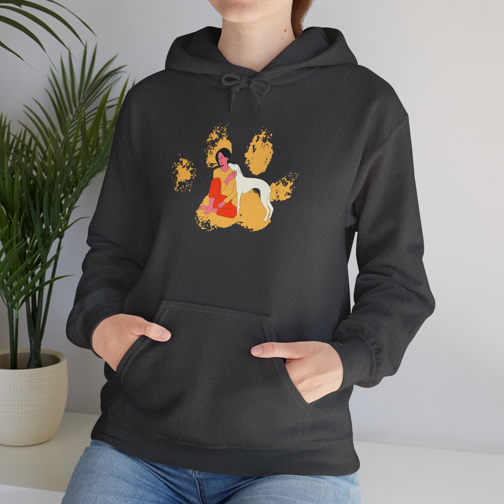 Dog Mom Vintage  Distressed Paw Print Design with Dog and Woman | Animal Moms Women’s Apparel - Pet Lovers Hoodie - Dog Paw Lovers Unisex Heavy Blend™ Hooded Sweatshirt