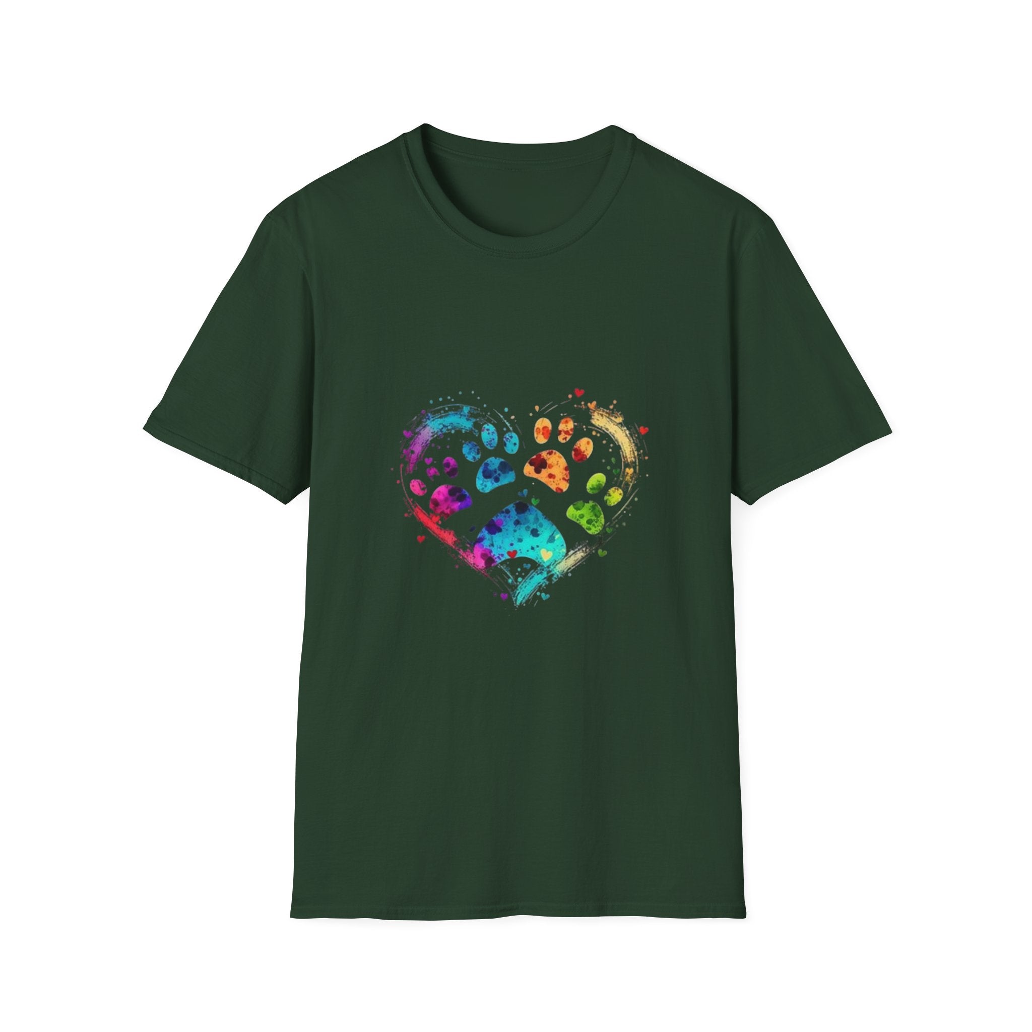 Colorful Paw Print In A Heart Shape For Dog Lovers - Funny Pet Lover Tee for Dog Moms | Pet Lovers Cute Pet Tees with Dog and Woman | Animal Moms - Dog Lover Paw Shirt - Dog Mom Paw Lover Shirt - Unisex Softstyle T-Shirt