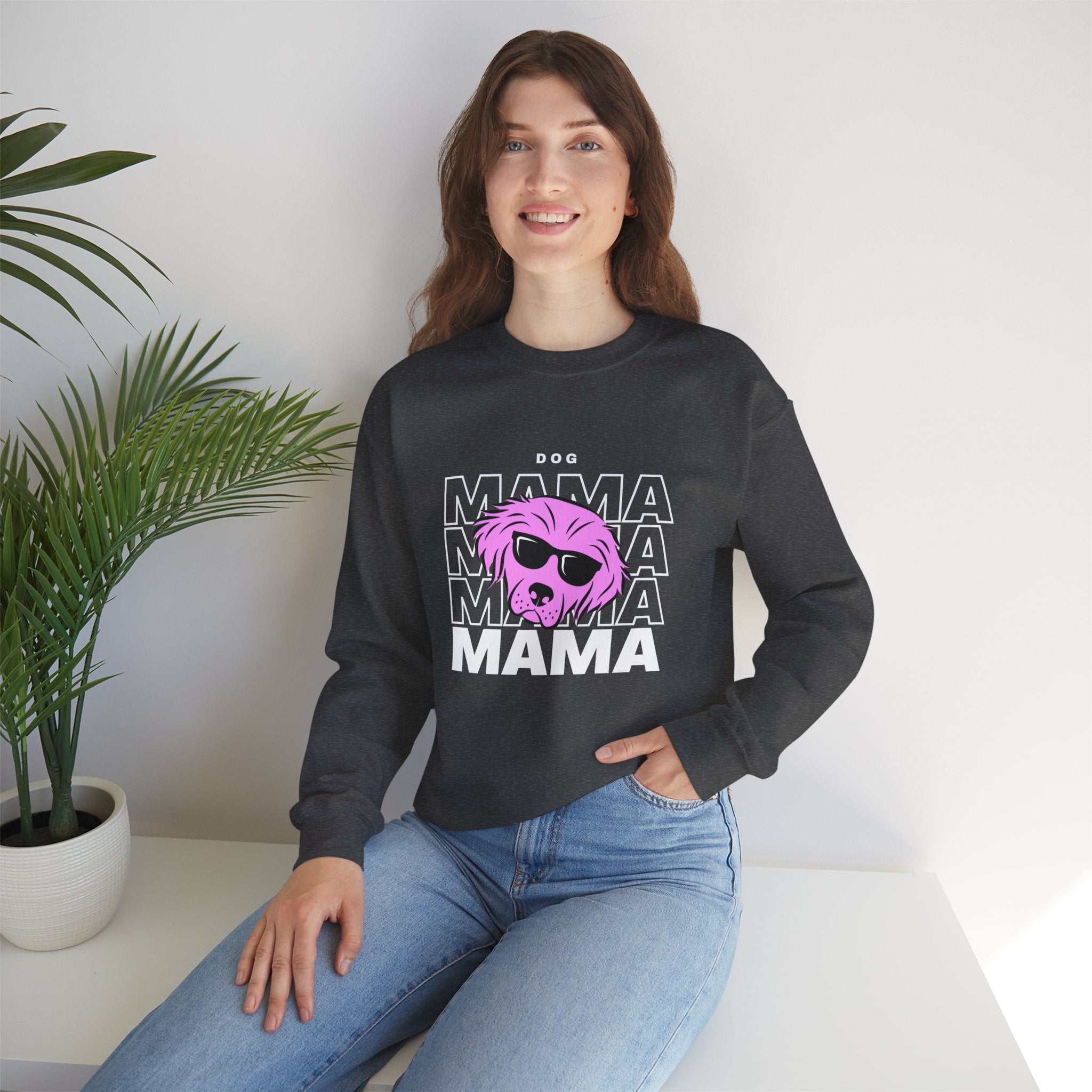 Cool "Dog Mama" T-Shirt with Pink Pup Design - Perfect for Dog Moms Woman | Animal Moms | Animal Moms - Dog Owners Sweatshirt - Dog Lovers Sweatshirt - Unisex Heavy Blend™ Crewneck Sweatshirt