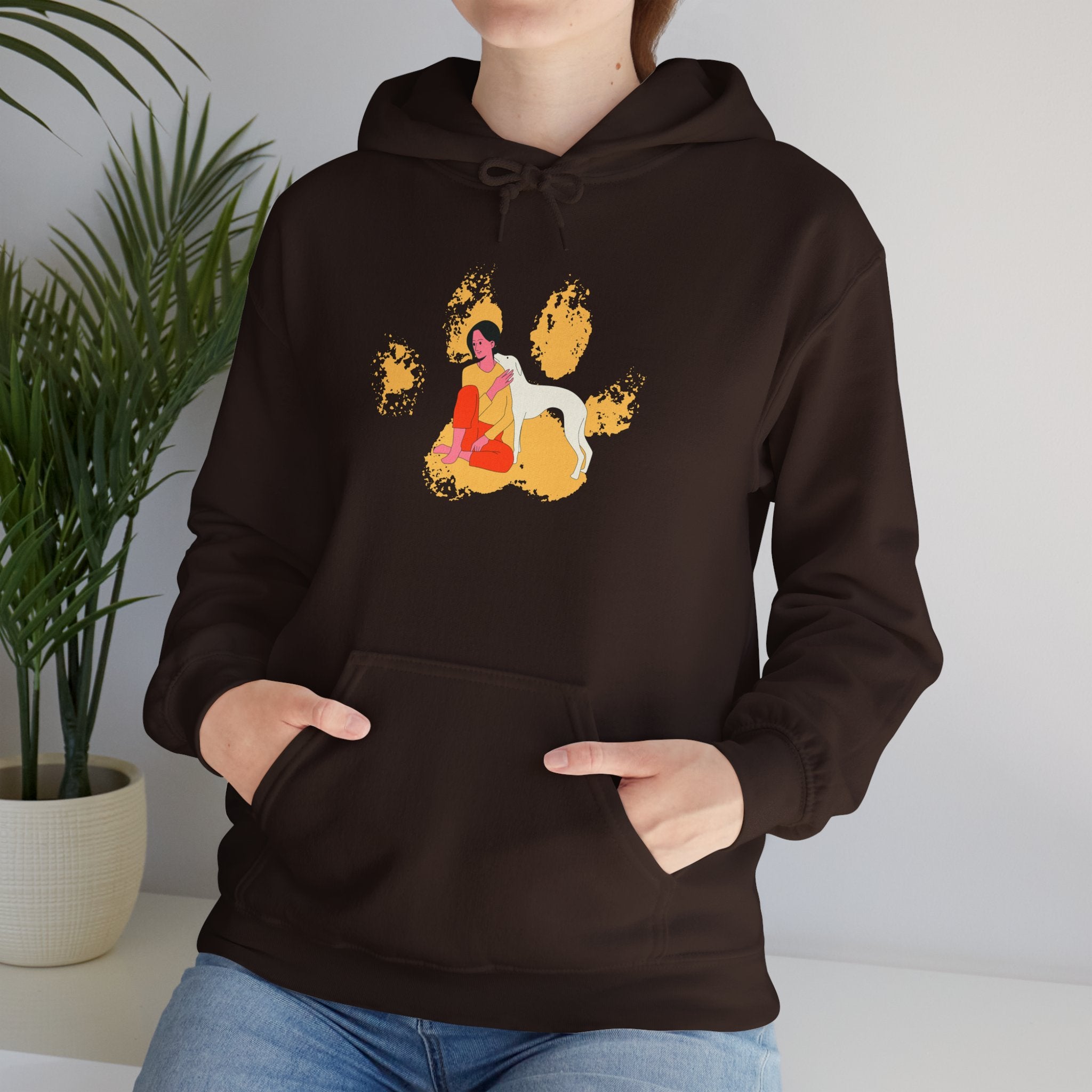 Dog Mom Vintage  Distressed Paw Print Design with Dog and Woman | Animal Moms Women’s Apparel - Pet Lovers Hoodie - Dog Paw Lovers Unisex Heavy Blend™ Hooded Sweatshirt