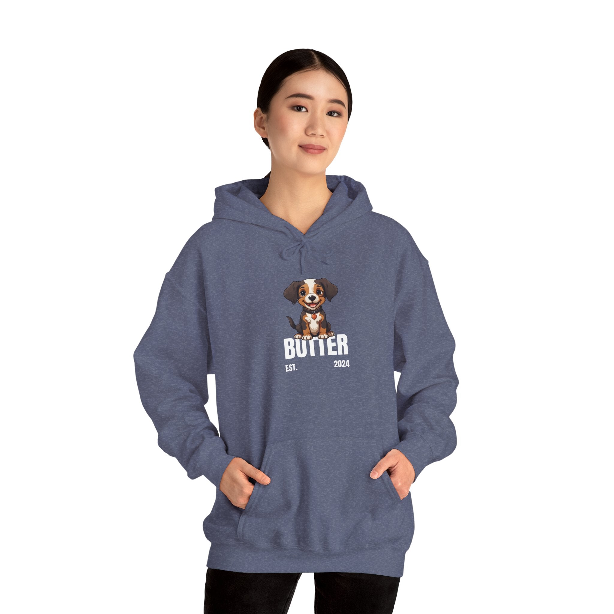 Cute Dog "Butter" Est. 2024 - Funny Pet Lover Tee for Dog Moms | Pet Lovers Cute Pet Tees Animal Moms Women’s Apparel - Pet Lovers Hoodie - Dog Paw Lovers Unisex Heavy Blend™ Hooded Sweatshirt