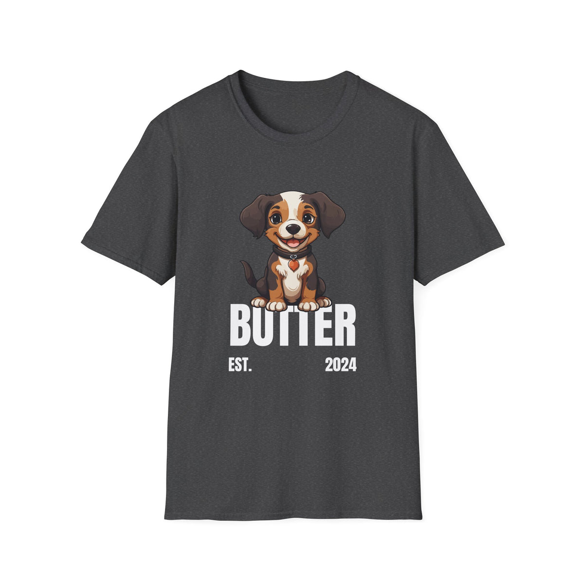 Cute Dog "Butter" Est. 2024 - Funny Pet Lover Tee for Dog Moms | Pet Lovers Cute Pet Tees with Dog and Woman | Animal Moms - Dog Lover Paw Shirt - Dog Mom Paw Lover Shirt - Unisex Softstyle T-Shirt