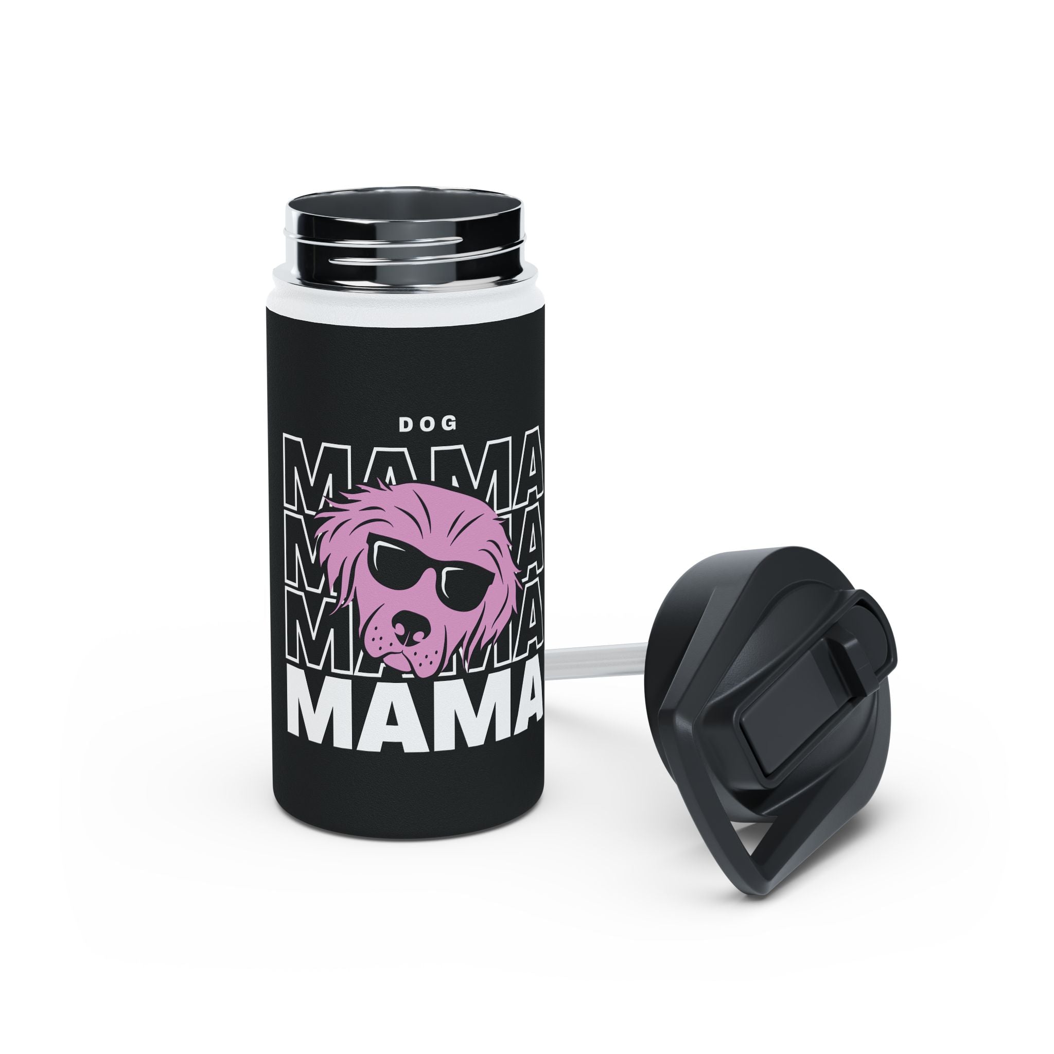 Cool "Dog Mama" T-Shirt with Pink Pup Design - Perfect for Dog Moms Woman | Animal Moms Women’s Apparel - Paw Print With Dog Mom Text Stainless Steel Water Bottle, Standard Lid