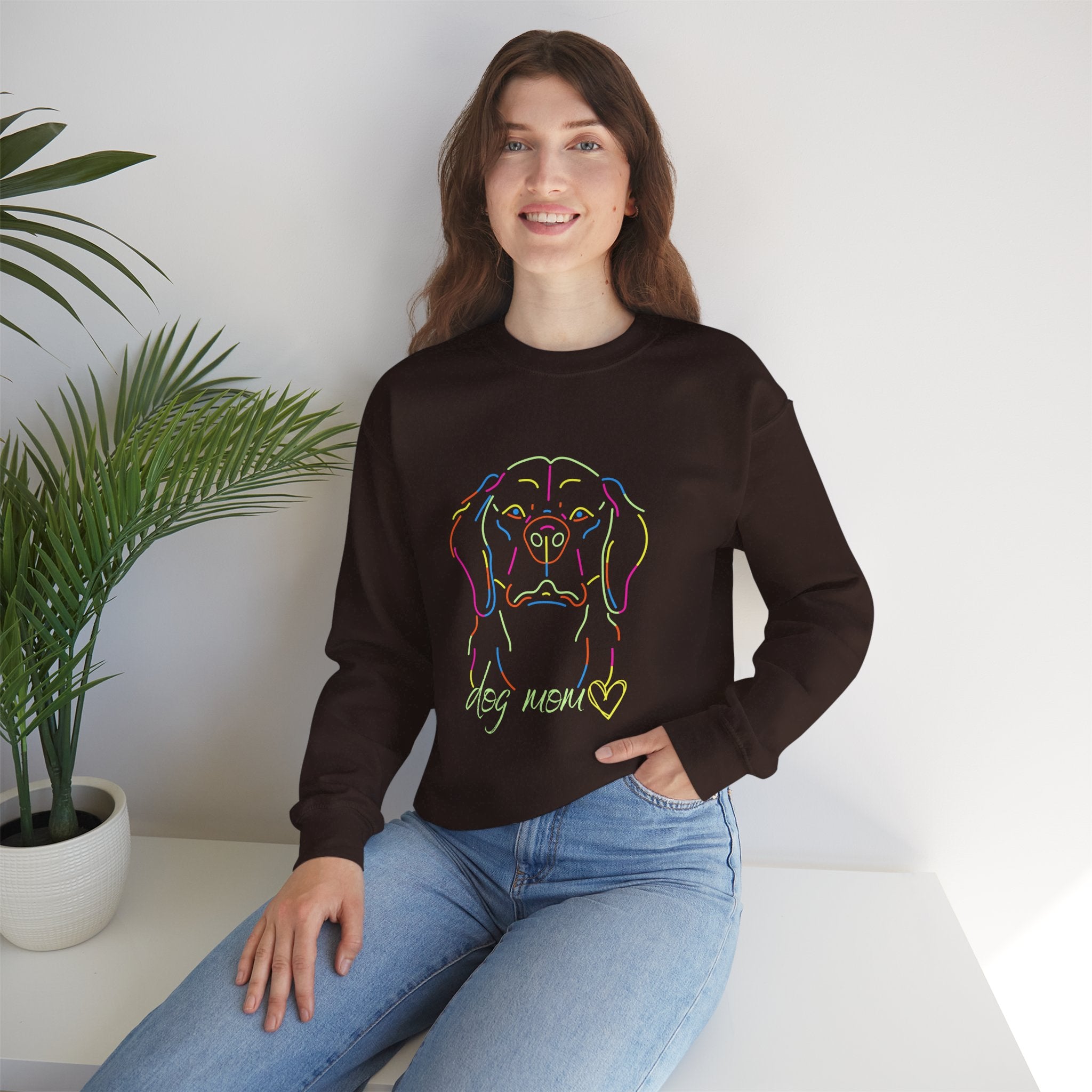 Dog Mom Vintage  Distressed Paw Print Design with Dog and Woman | Animal Moms - Dog Owners Sweatshirt - Dog Lovers Sweatshirt - Unisex Heavy Blend™ Crewneck Sweatshirt