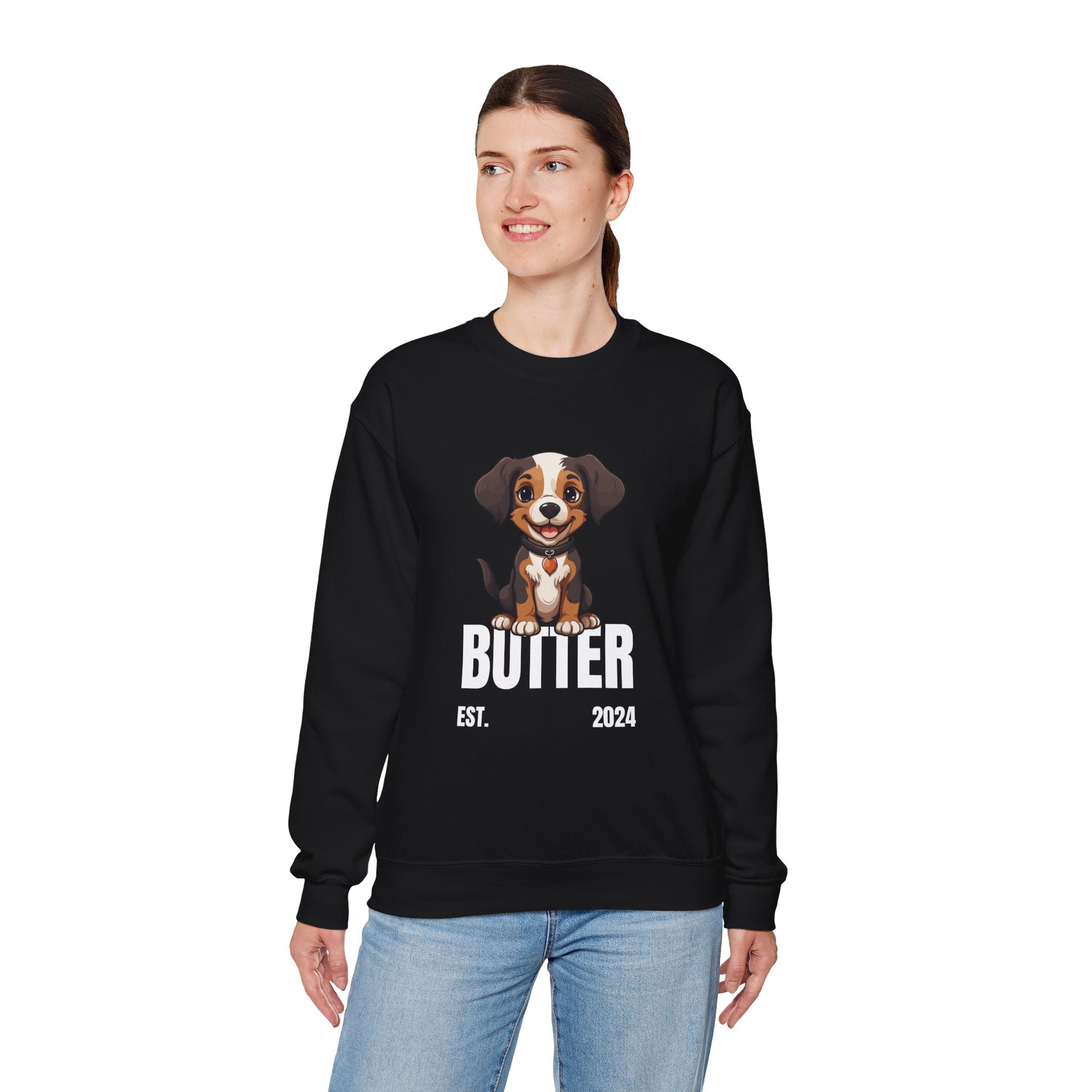 Cute Dog "Butter" Est. 2024 - Funny Pet Lover Tee for Dog Moms  for Proud Pet Lovers Pet Lovers Cute Pet Tees Design with Dog and Woman | Animal Moms | Animal Moms - Dog Owners Sweatshirt - Dog Lovers Sweatshirt - Unisex Heavy Blend™ Crewneck Sweatshirt