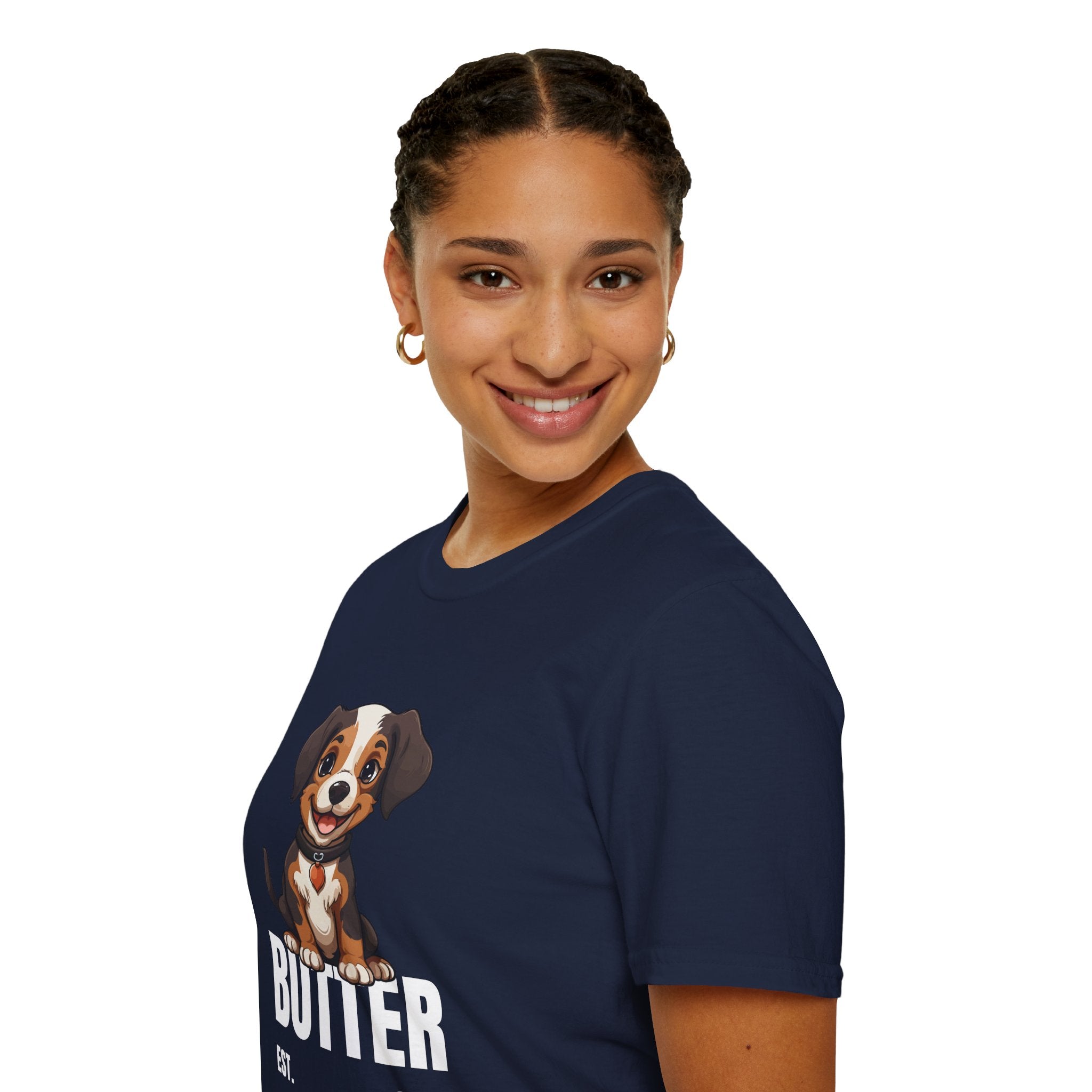 Cute Dog "Butter" Est. 2024 - Funny Pet Lover Tee for Dog Moms | Pet Lovers Cute Pet Tees with Dog and Woman | Animal Moms - Dog Lover Paw Shirt - Dog Mom Paw Lover Shirt - Unisex Softstyle T-Shirt