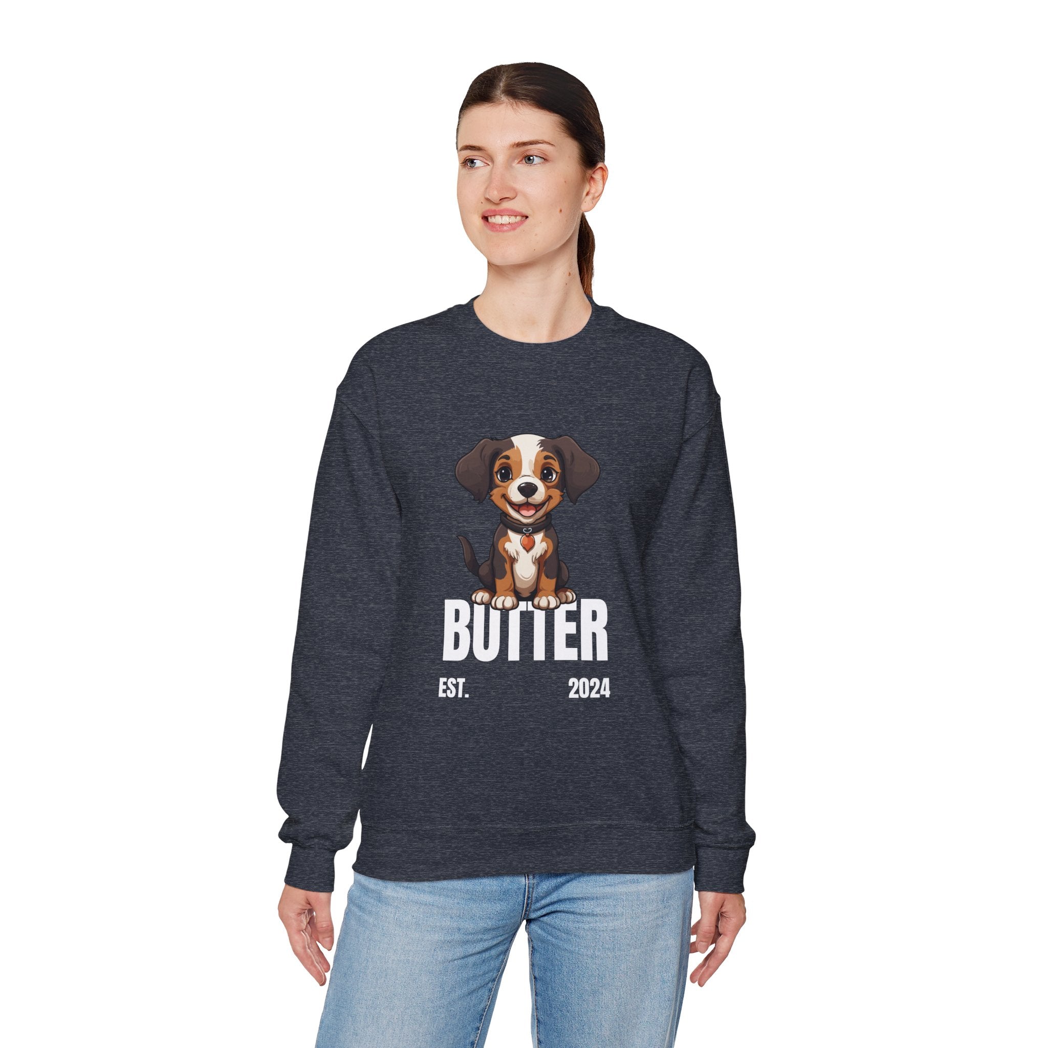 Cute Dog "Butter" Est. 2024 - Funny Pet Lover Tee for Dog Moms  for Proud Pet Lovers Pet Lovers Cute Pet Tees Design with Dog and Woman | Animal Moms | Animal Moms - Dog Owners Sweatshirt - Dog Lovers Sweatshirt - Unisex Heavy Blend™ Crewneck Sweatshirt