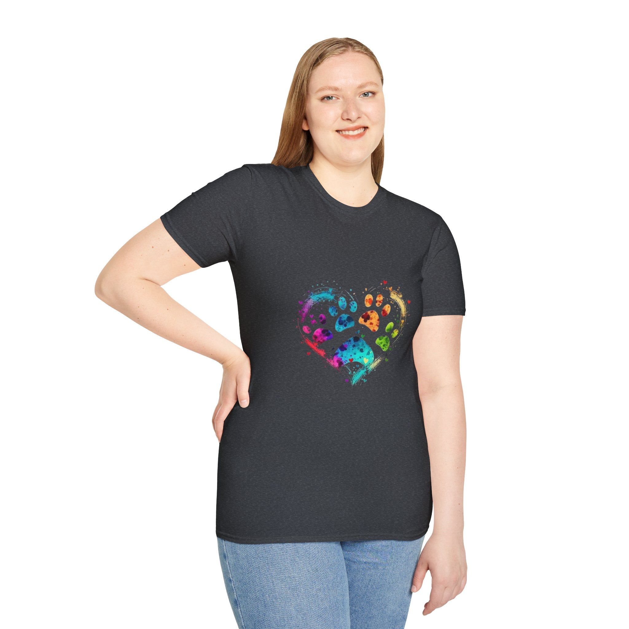 Colorful Paw Print In A Heart Shape For Dog Lovers - Funny Pet Lover Tee for Dog Moms | Pet Lovers Cute Pet Tees with Dog and Woman | Animal Moms - Dog Lover Paw Shirt - Dog Mom Paw Lover Shirt - Unisex Softstyle T-Shirt