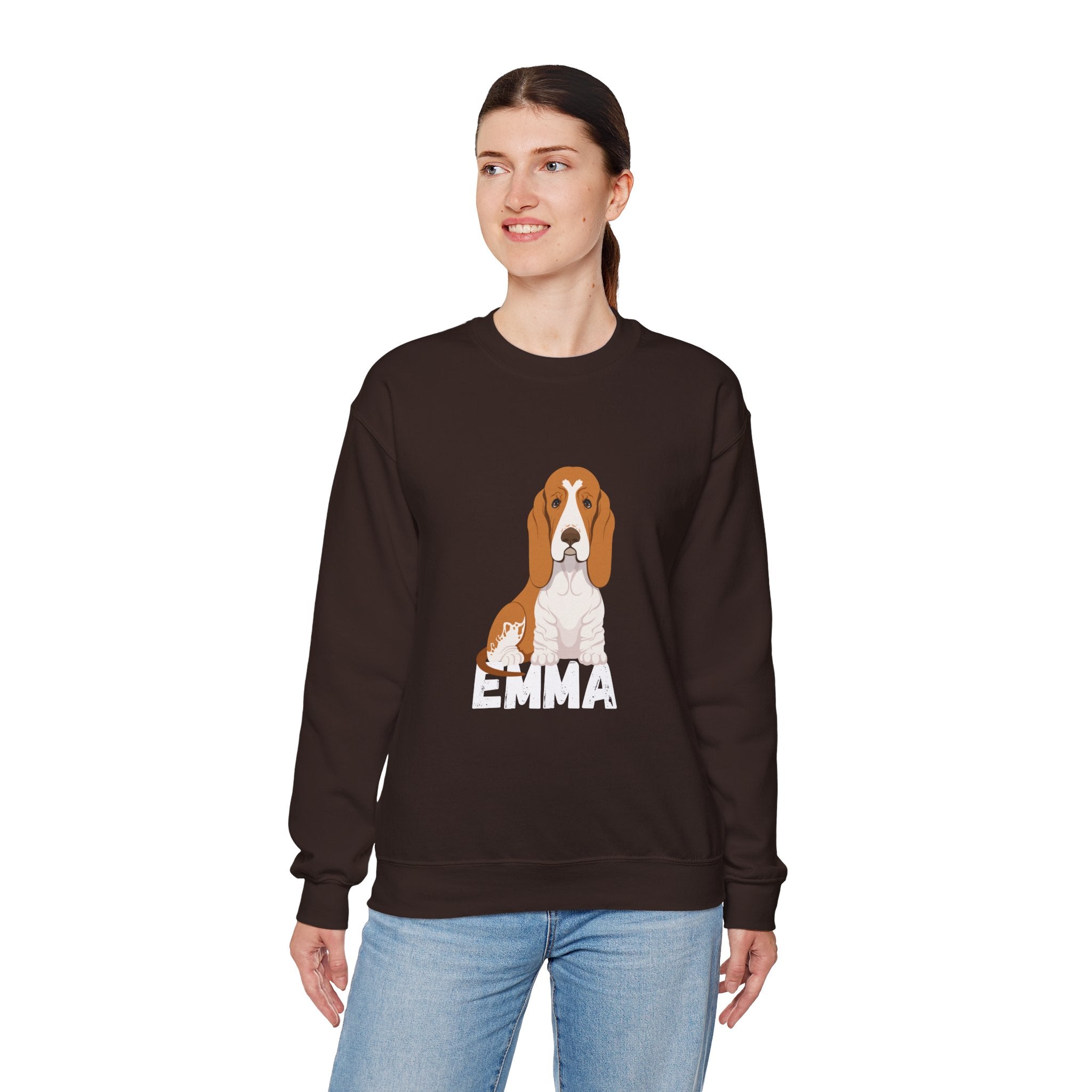 "Emma" Cute Dog Perfect for Proud Dog Moms | Pet Lovers Cute Pet Tees Design with Dog and Woman | Animal Moms | Animal Moms - Dog Owners Sweatshirt - Dog Lovers Sweatshirt - Unisex Heavy Blend™ Crewneck Sweatshirt