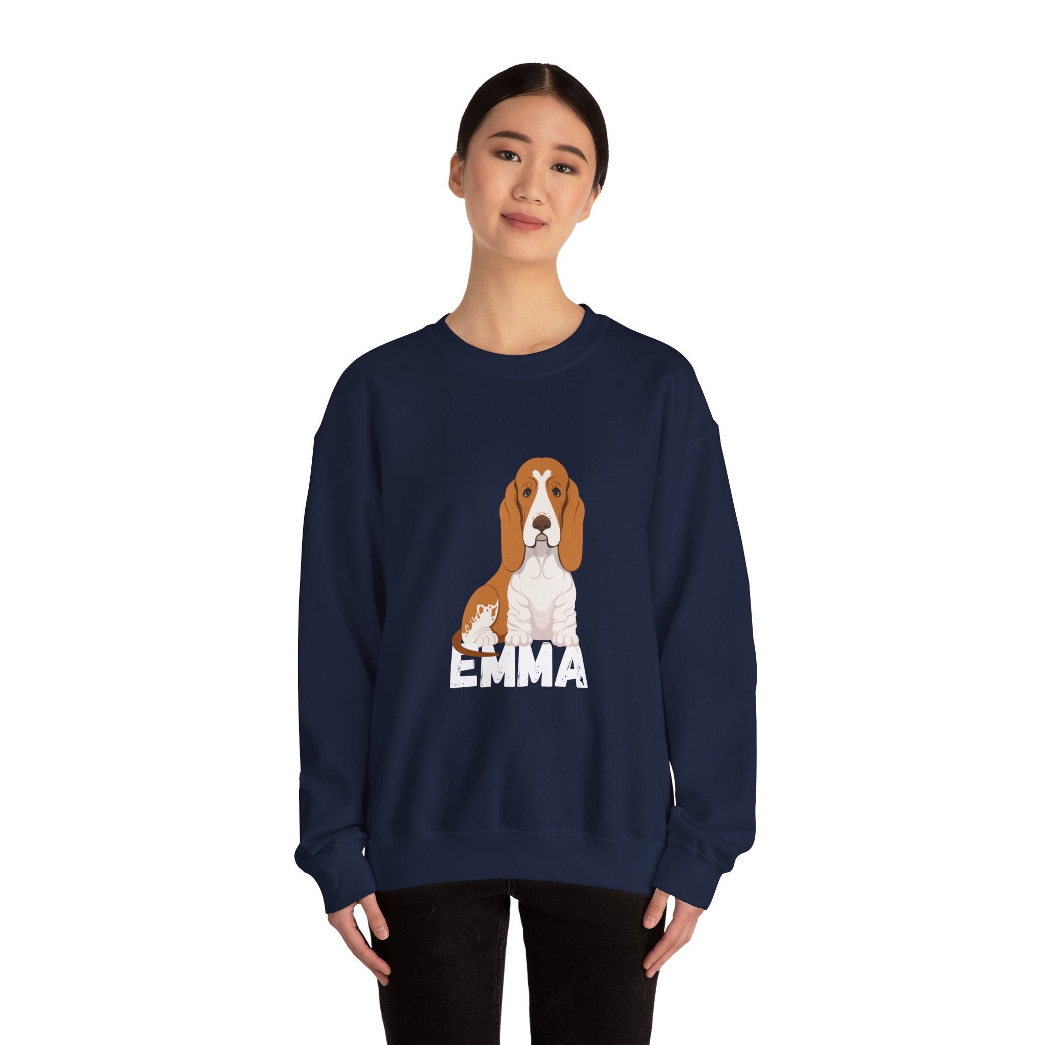 "Emma" Cute Dog Perfect for Proud Dog Moms | Pet Lovers Cute Pet Tees Design with Dog and Woman | Animal Moms | Animal Moms - Dog Owners Sweatshirt - Dog Lovers Sweatshirt - Unisex Heavy Blend™ Crewneck Sweatshirt