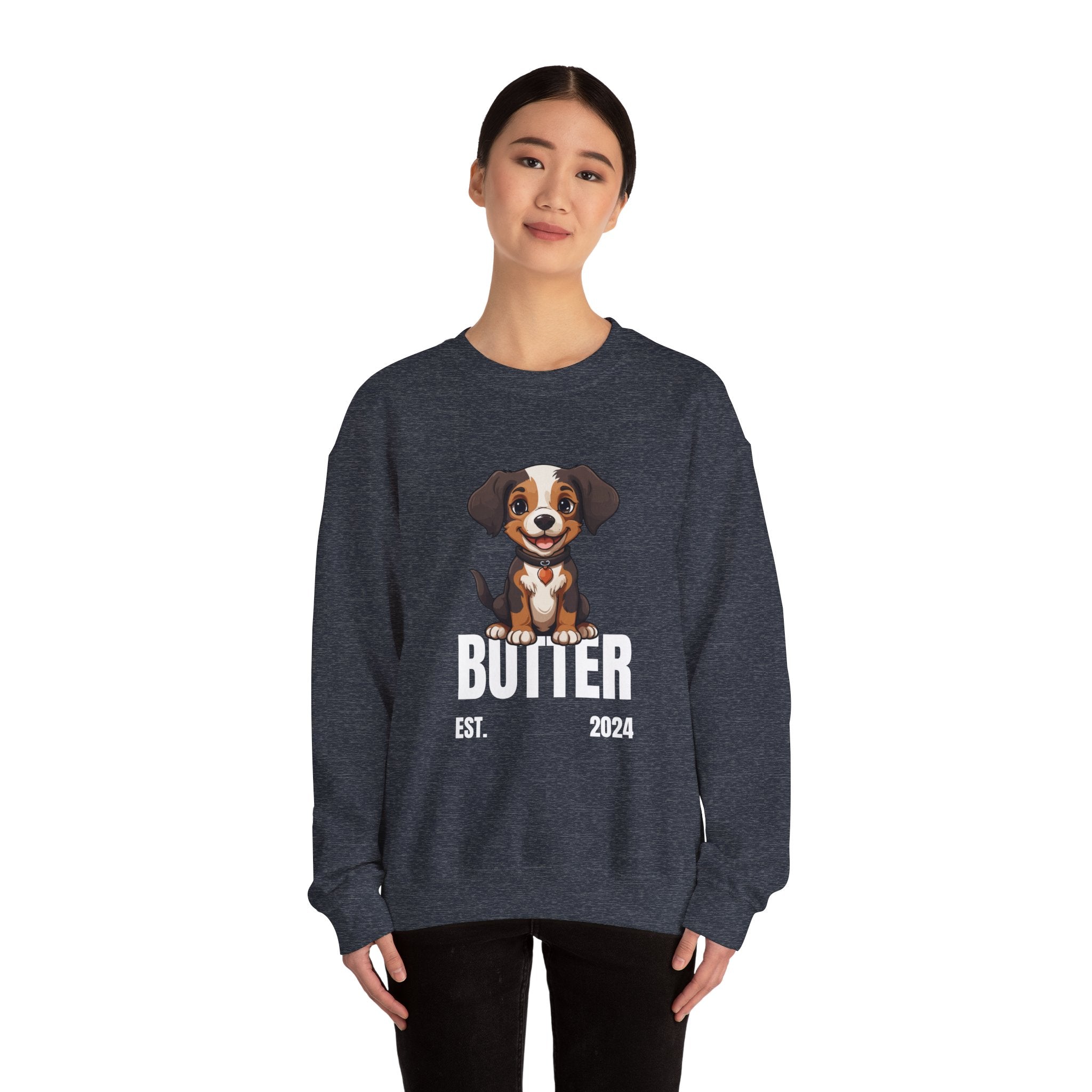 Cute Dog "Butter" Est. 2024 - Funny Pet Lover Tee for Dog Moms  for Proud Pet Lovers Pet Lovers Cute Pet Tees Design with Dog and Woman | Animal Moms | Animal Moms - Dog Owners Sweatshirt - Dog Lovers Sweatshirt - Unisex Heavy Blend™ Crewneck Sweatshirt