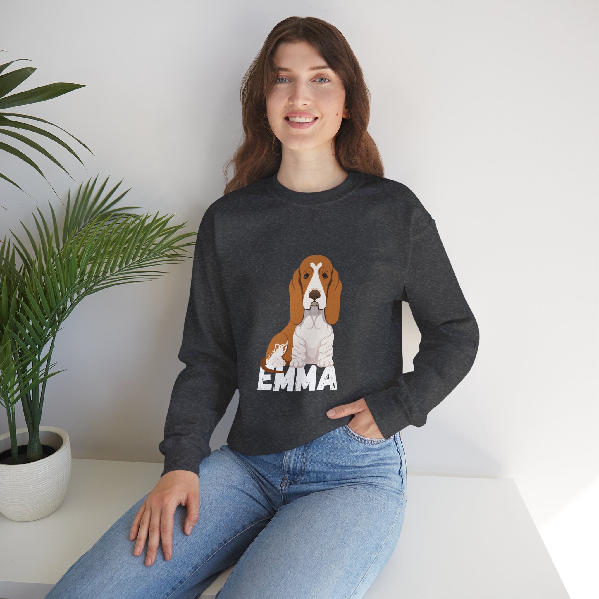 "Emma" Cute Dog Perfect for Proud Dog Moms | Pet Lovers Cute Pet Tees Design with Dog and Woman | Animal Moms | Animal Moms - Dog Owners Sweatshirt - Dog Lovers Sweatshirt - Unisex Heavy Blend™ Crewneck Sweatshirt