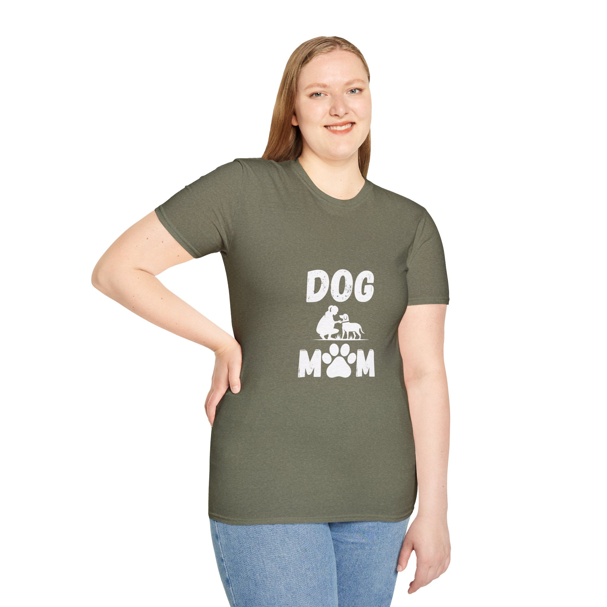 Dog Paw Printed On Heartbeat for Dog Lovers - Funny Pet Lover Tee for Dog Moms | Pet Lovers Cute Pet Tees with Dog and Woman | Animal Moms - Dog Lover Paw Shirt - Dog Mom Paw Lover Shirt - Unisex Softstyle T-Shirt