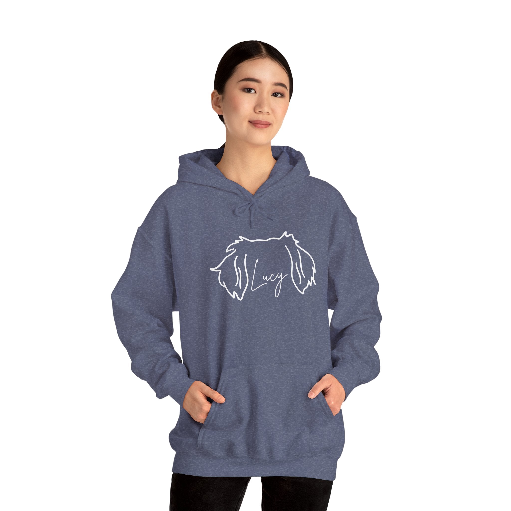 Lucy A Customized Shirt With Your Name Of Choice For Personalization - Funny Pet Lover Tee for Dog Moms | Pet Lovers Cute Pet Tees Animal Moms Women’s Apparel - Pet Lovers Hoodie - Dog Paw Lovers Unisex Heavy Blend™ Hooded Sweatshirt