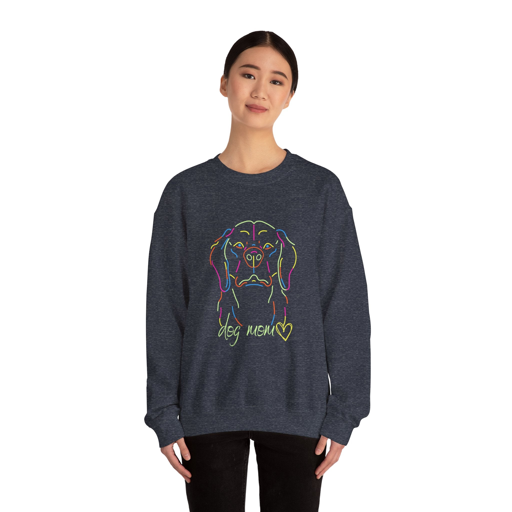 Dog Mom Vintage  Distressed Paw Print Design with Dog and Woman | Animal Moms - Dog Owners Sweatshirt - Dog Lovers Sweatshirt - Unisex Heavy Blend™ Crewneck Sweatshirt