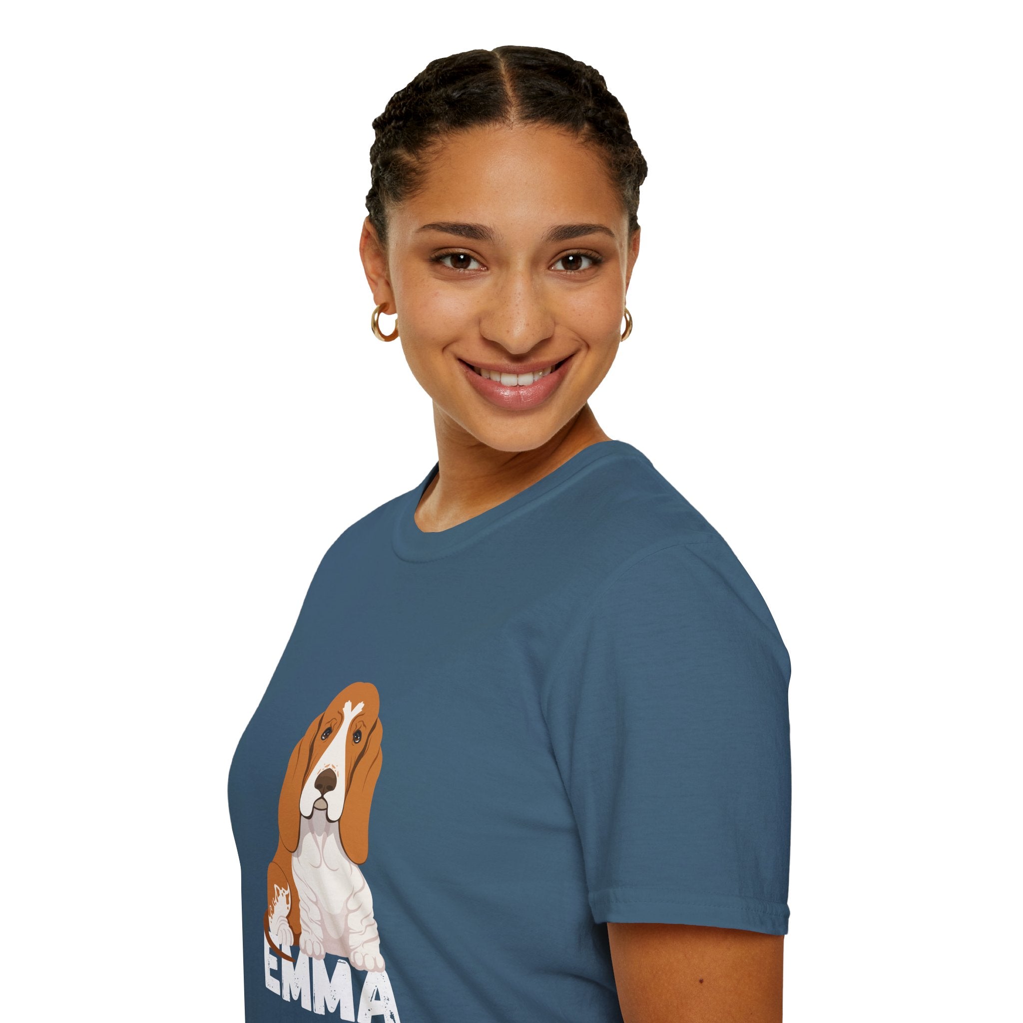 "Emma" Cute Dog Perfect for Proud Dog Moms | Pet Lovers Cute Pet Tees with Dog and Woman | Animal Moms - Dog Lover Paw Shirt - Dog Mom Paw Lover Shirt - Unisex Softstyle T-Shirt