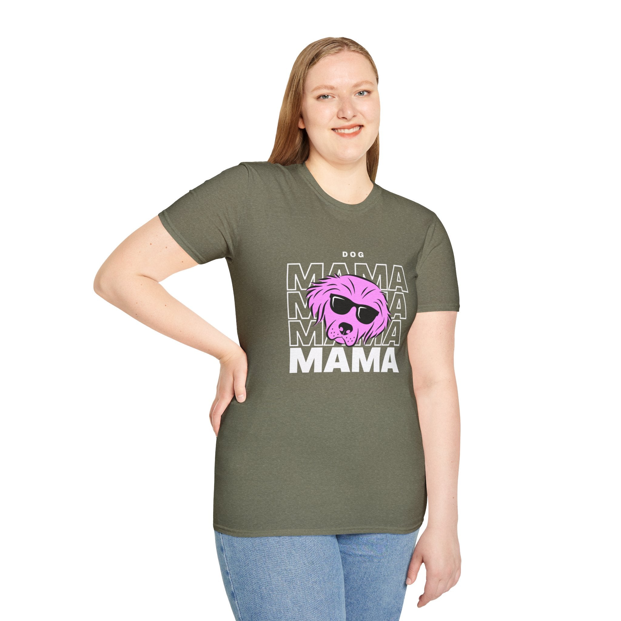 Cool "Dog Mama" T-Shirt with Pink Pup Design - Perfect for Dog Moms Woman | Animal Moms - Dog Lover Paw Shirt - Dog Mom Paw Lover Shirt - Unisex Softstyle T-Shirt