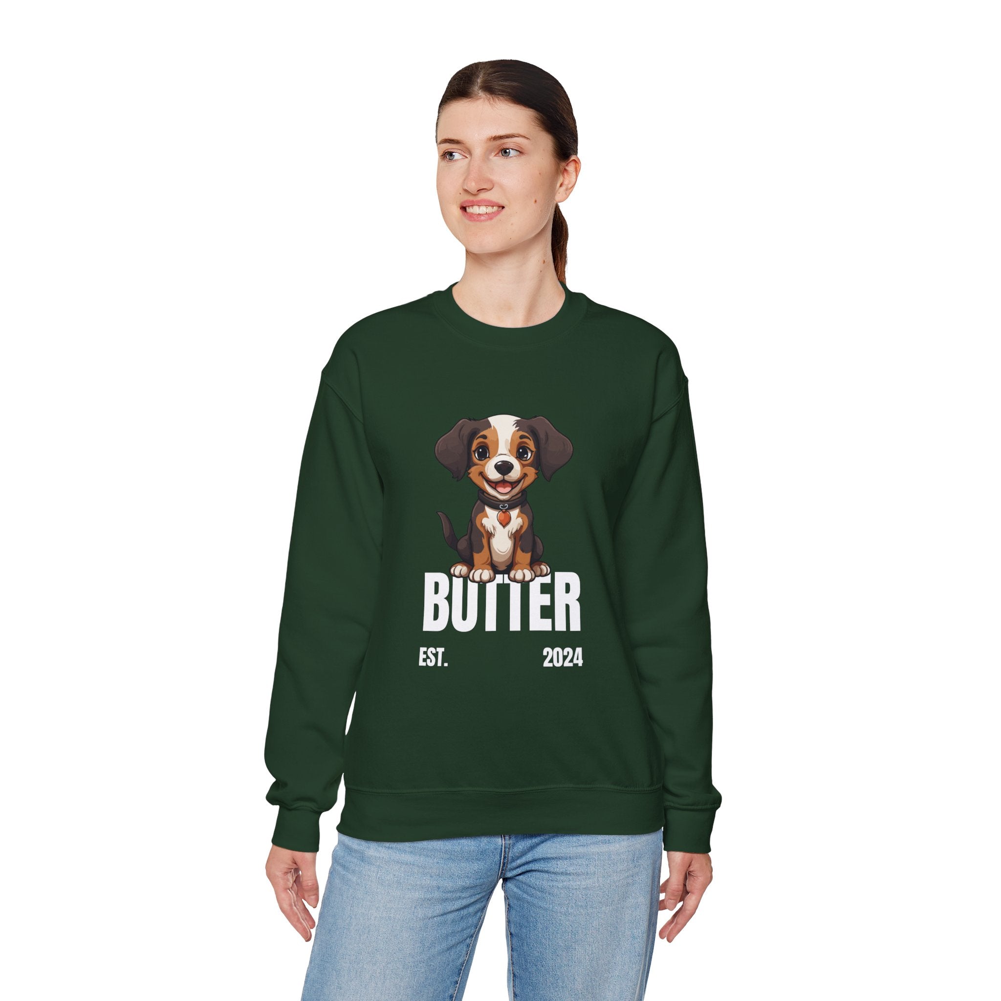 Cute Dog "Butter" Est. 2024 - Funny Pet Lover Tee for Dog Moms  for Proud Pet Lovers Pet Lovers Cute Pet Tees Design with Dog and Woman | Animal Moms | Animal Moms - Dog Owners Sweatshirt - Dog Lovers Sweatshirt - Unisex Heavy Blend™ Crewneck Sweatshirt