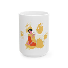 Dog Mom Vintage  Distressed Paw Print Design with Dog and Woman | Animal Moms Apparel Dog Lovers - Paw Print Lovers - Pet Lovers Mug Ceramic Mug, (11oz, 15oz)