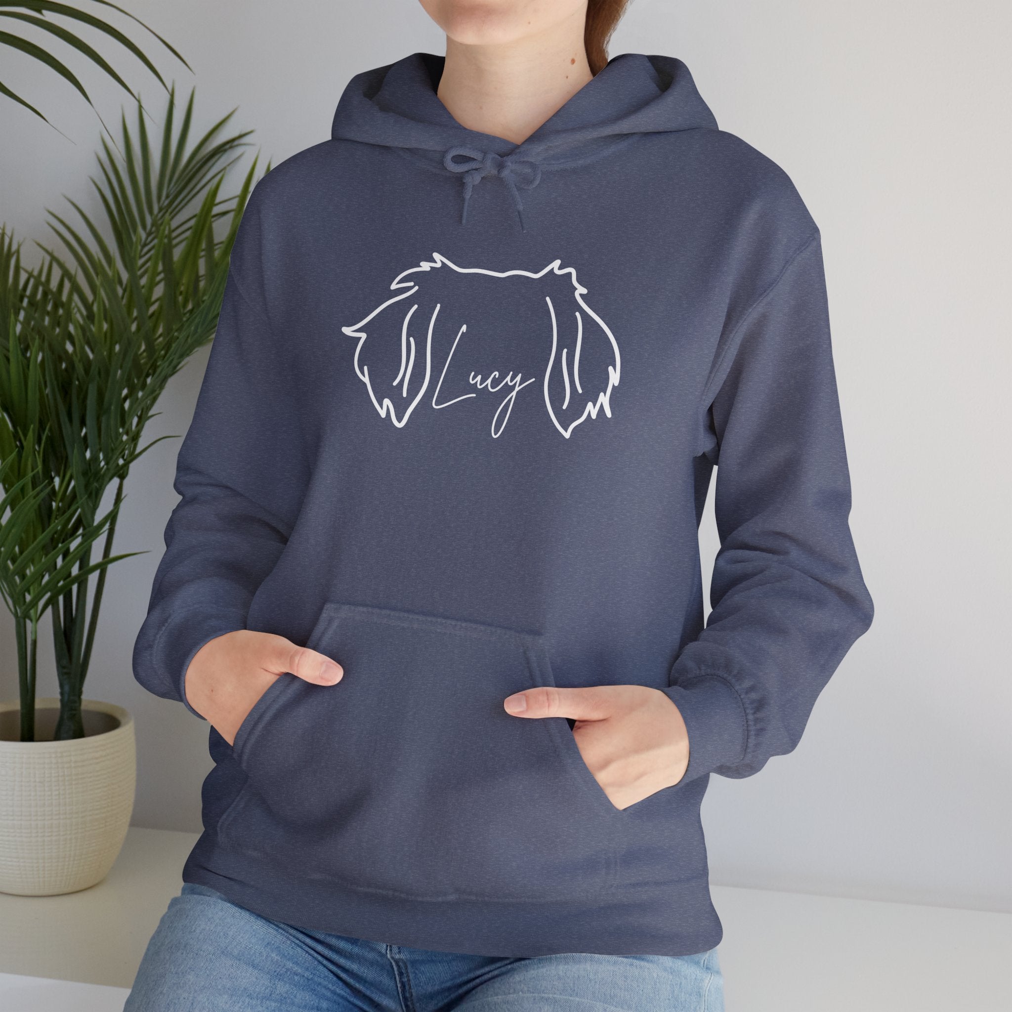 Lucy A Customized Shirt With Your Name Of Choice For Personalization - Funny Pet Lover Tee for Dog Moms | Pet Lovers Cute Pet Tees Animal Moms Women’s Apparel - Pet Lovers Hoodie - Dog Paw Lovers Unisex Heavy Blend™ Hooded Sweatshirt