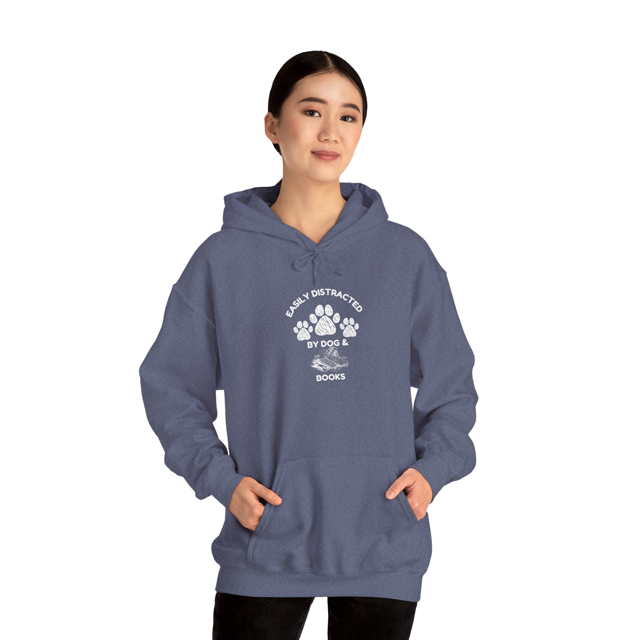 Easily Distracted By Dogs & Books - Funny Pet Lover Tee for Dog Moms | Pet Lovers Cute Pet Tees Animal Moms Women’s Apparel - Pet Lovers Hoodie - Dog Paw Lovers Unisex Heavy Blend™ Hooded Sweatshirt