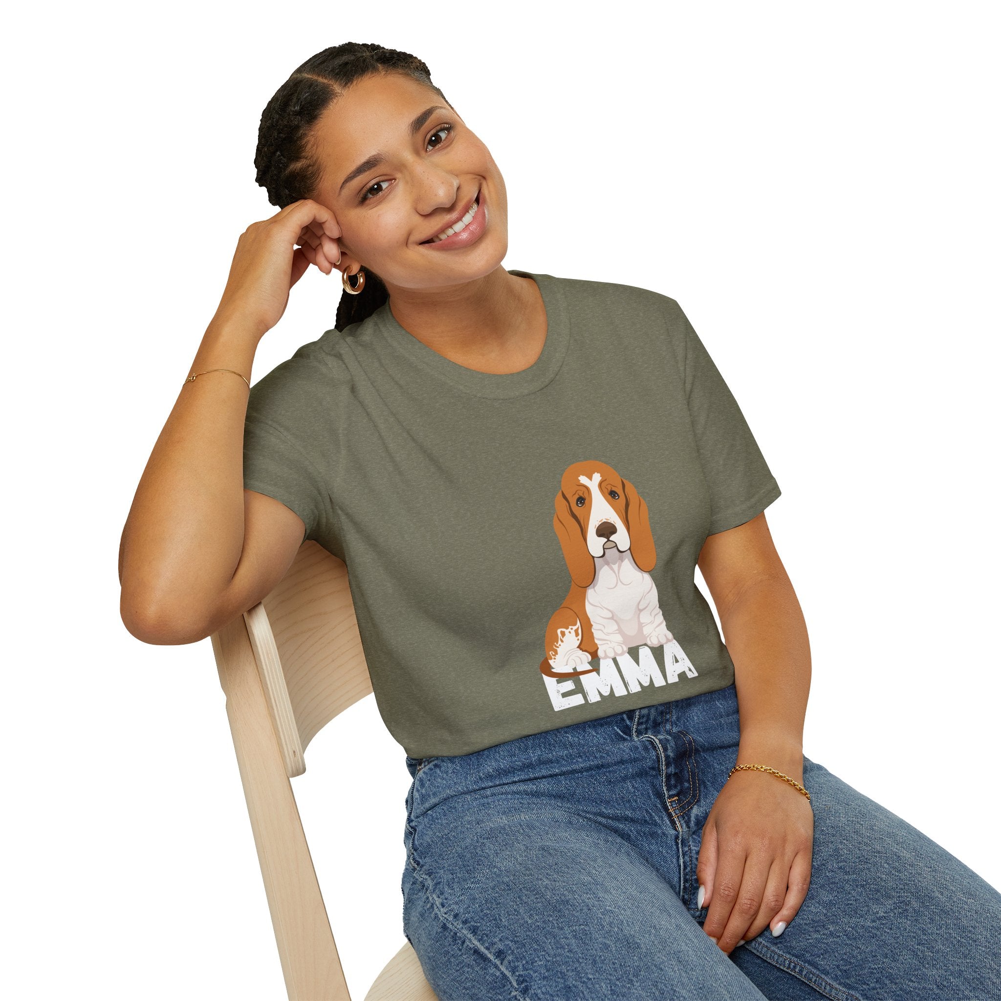 "Emma" Cute Dog Perfect for Proud Dog Moms | Pet Lovers Cute Pet Tees with Dog and Woman | Animal Moms - Dog Lover Paw Shirt - Dog Mom Paw Lover Shirt - Unisex Softstyle T-Shirt