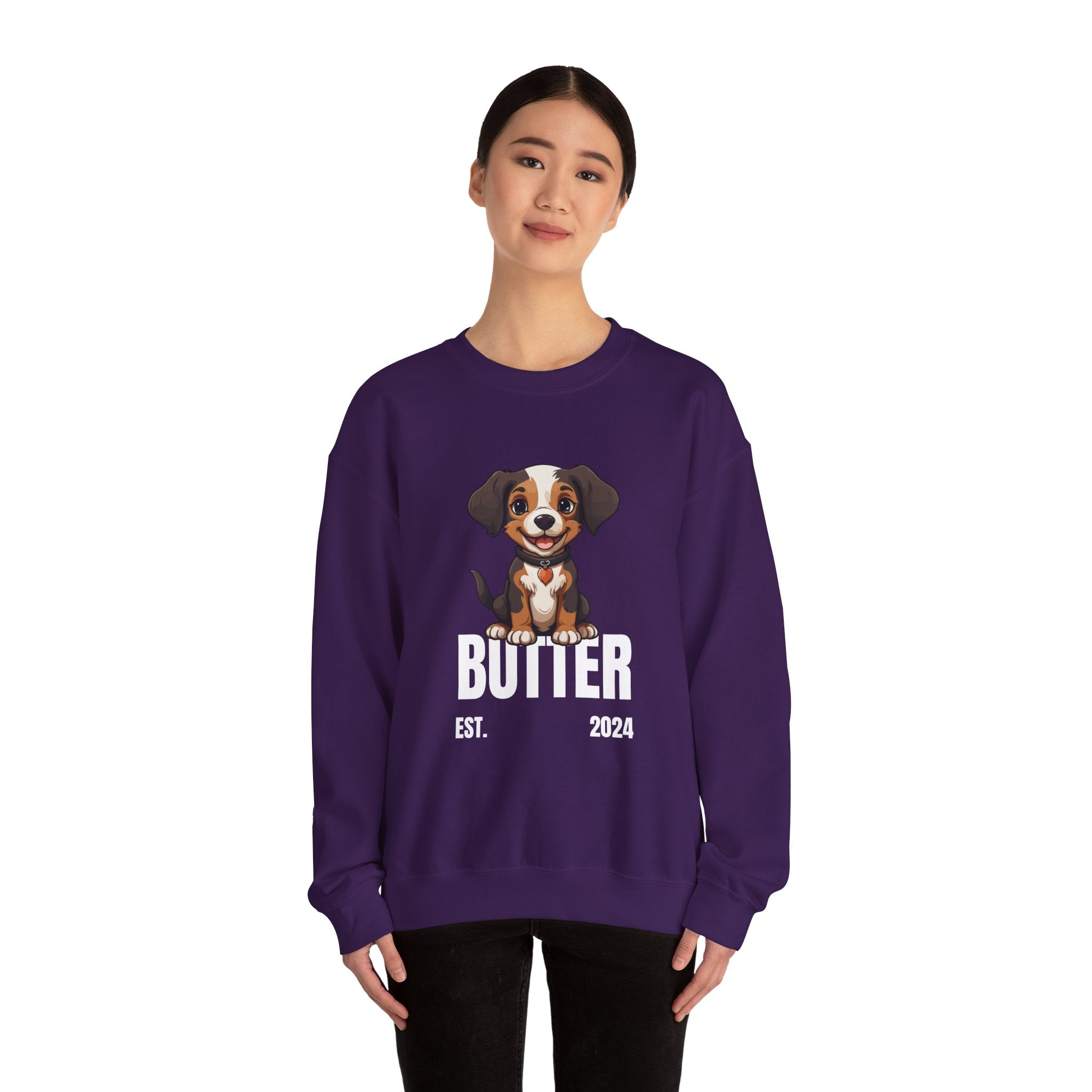 Cute Dog "Butter" Est. 2024 - Funny Pet Lover Tee for Dog Moms  for Proud Pet Lovers Pet Lovers Cute Pet Tees Design with Dog and Woman | Animal Moms | Animal Moms - Dog Owners Sweatshirt - Dog Lovers Sweatshirt - Unisex Heavy Blend™ Crewneck Sweatshirt