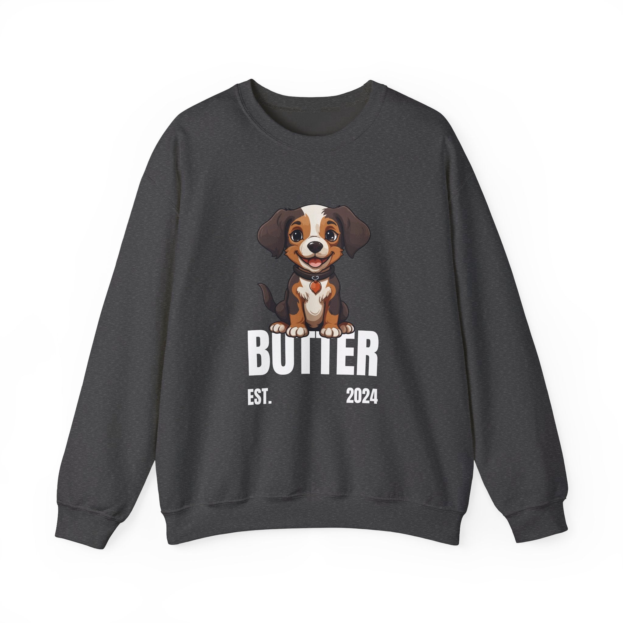 Cute Dog "Butter" Est. 2024 - Funny Pet Lover Tee for Dog Moms  for Proud Pet Lovers Pet Lovers Cute Pet Tees Design with Dog and Woman | Animal Moms | Animal Moms - Dog Owners Sweatshirt - Dog Lovers Sweatshirt - Unisex Heavy Blend™ Crewneck Sweatshirt