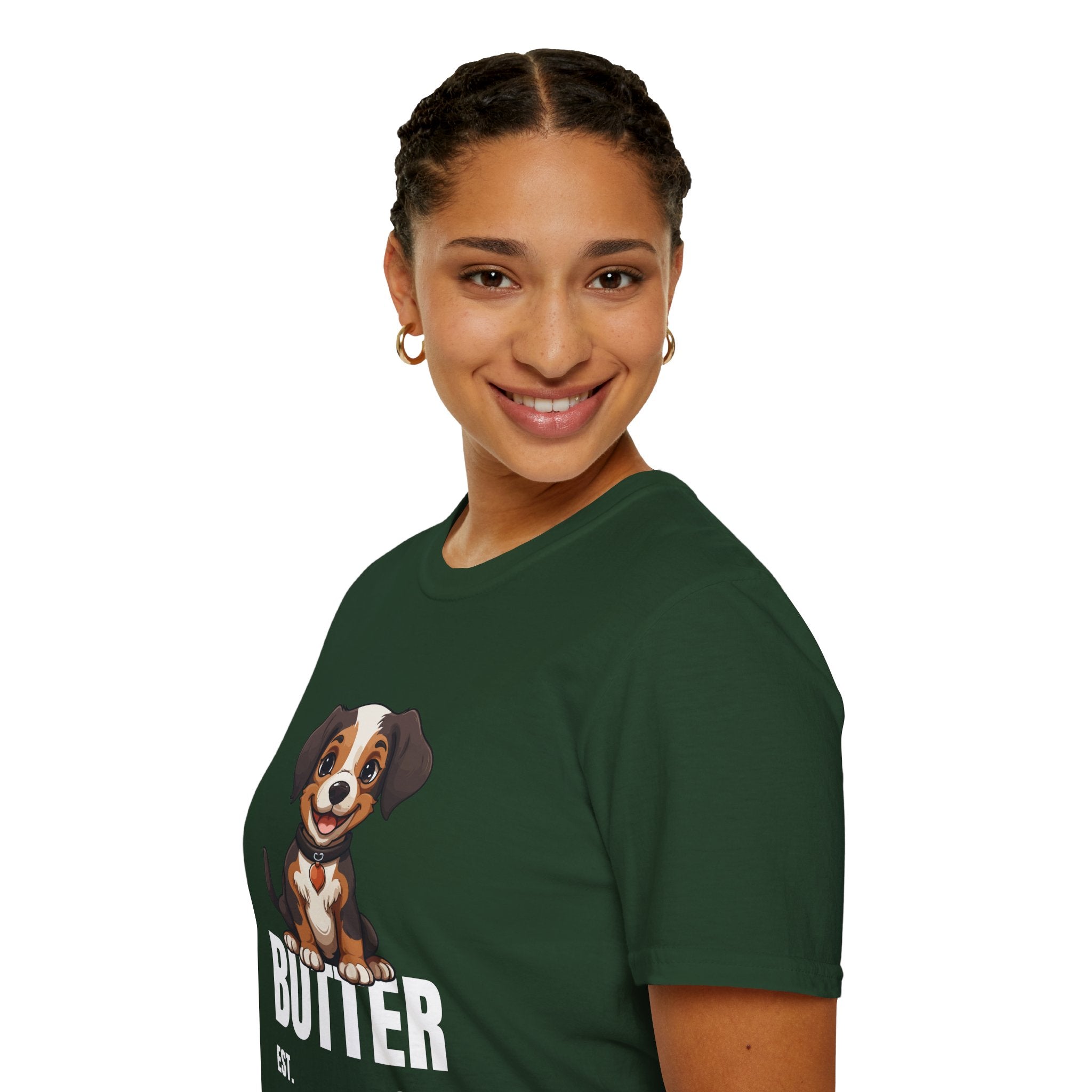 Cute Dog "Butter" Est. 2024 - Funny Pet Lover Tee for Dog Moms | Pet Lovers Cute Pet Tees with Dog and Woman | Animal Moms - Dog Lover Paw Shirt - Dog Mom Paw Lover Shirt - Unisex Softstyle T-Shirt