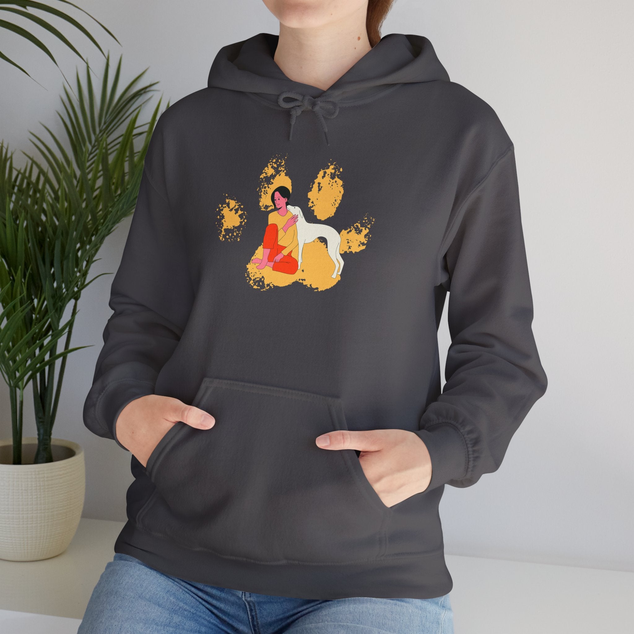 Dog Mom Vintage  Distressed Paw Print Design with Dog and Woman | Animal Moms Women’s Apparel - Pet Lovers Hoodie - Dog Paw Lovers Unisex Heavy Blend™ Hooded Sweatshirt