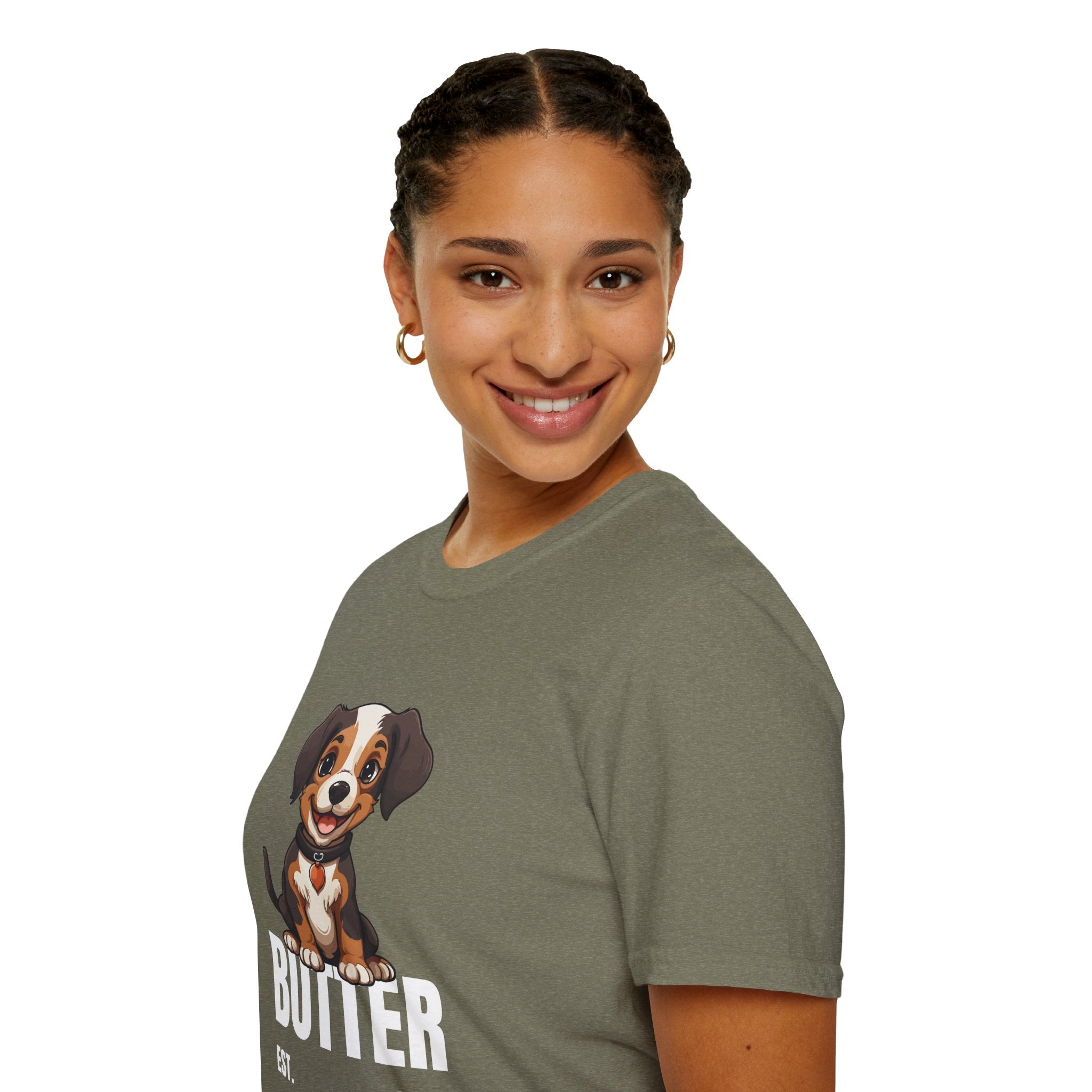 Cute Dog "Butter" Est. 2024 - Funny Pet Lover Tee for Dog Moms | Pet Lovers Cute Pet Tees with Dog and Woman | Animal Moms - Dog Lover Paw Shirt - Dog Mom Paw Lover Shirt - Unisex Softstyle T-Shirt