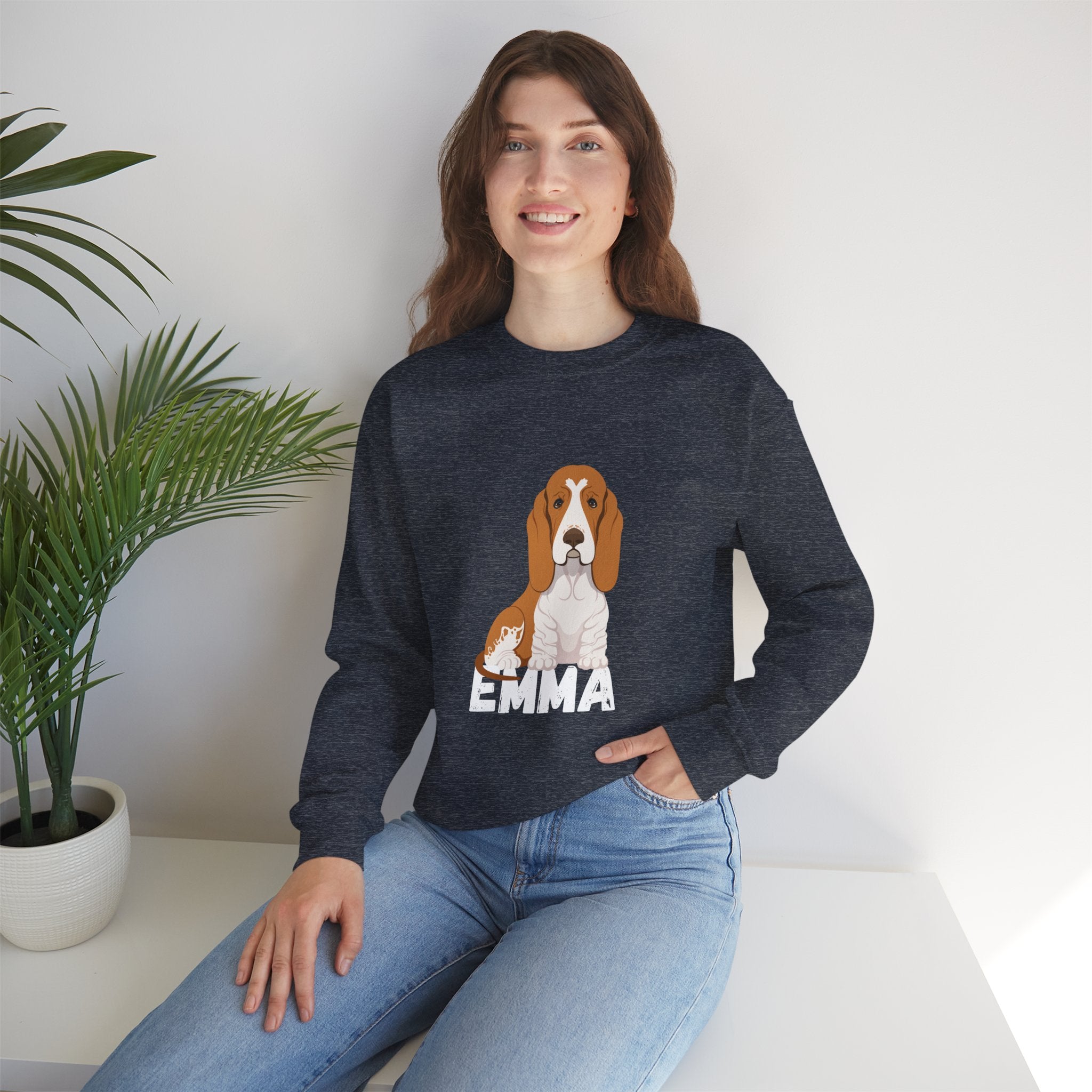 "Emma" Cute Dog Perfect for Proud Dog Moms | Pet Lovers Cute Pet Tees Design with Dog and Woman | Animal Moms | Animal Moms - Dog Owners Sweatshirt - Dog Lovers Sweatshirt - Unisex Heavy Blend™ Crewneck Sweatshirt