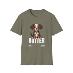 Cute Dog "Butter" Est. 2024 - Funny Pet Lover Tee for Dog Moms | Pet Lovers Cute Pet Tees with Dog and Woman | Animal Moms - Dog Lover Paw Shirt - Dog Mom Paw Lover Shirt - Unisex Softstyle T-Shirt