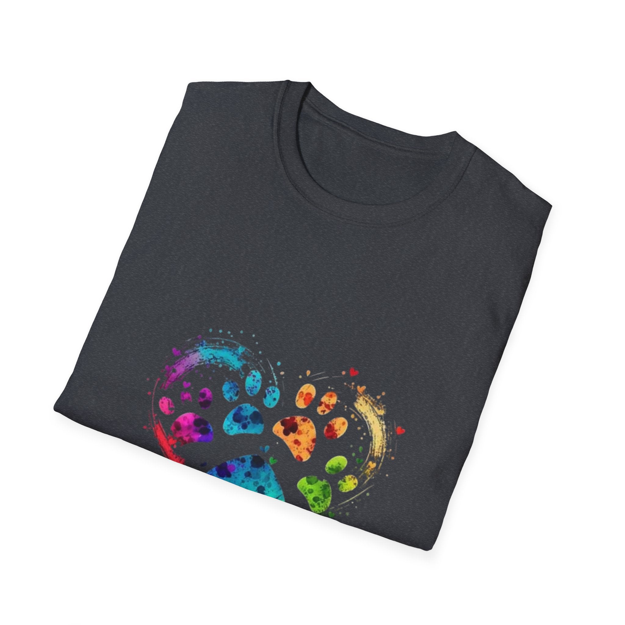 Colorful Paw Print In A Heart Shape For Dog Lovers - Funny Pet Lover Tee for Dog Moms | Pet Lovers Cute Pet Tees with Dog and Woman | Animal Moms - Dog Lover Paw Shirt - Dog Mom Paw Lover Shirt - Unisex Softstyle T-Shirt