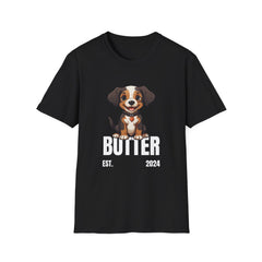 Cute Dog "Butter" Est. 2024 - Funny Pet Lover Tee for Dog Moms | Pet Lovers Cute Pet Tees with Dog and Woman | Animal Moms - Dog Lover Paw Shirt - Dog Mom Paw Lover Shirt - Unisex Softstyle T-Shirt