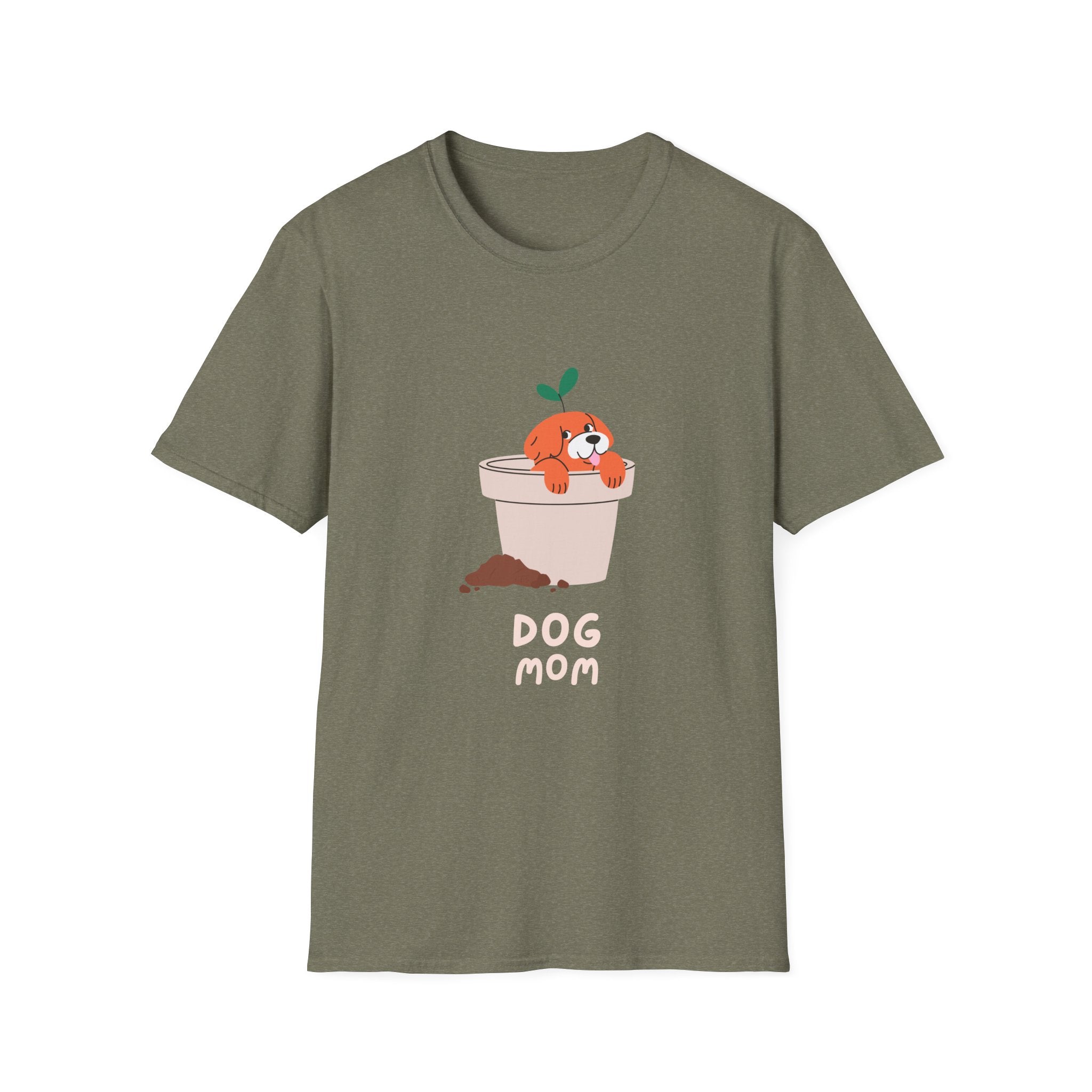 Cool Dog Mom Text With Pot Dog & Flower For Dog Lovers - Funny Pet Lover Tee for Dog Moms | Pet Lovers Cute Pet Tees with Dog and Woman | Animal Moms - Dog Lover Paw Shirt - Dog Mom Paw Lover Shirt - Unisex Softstyle T-Shirt